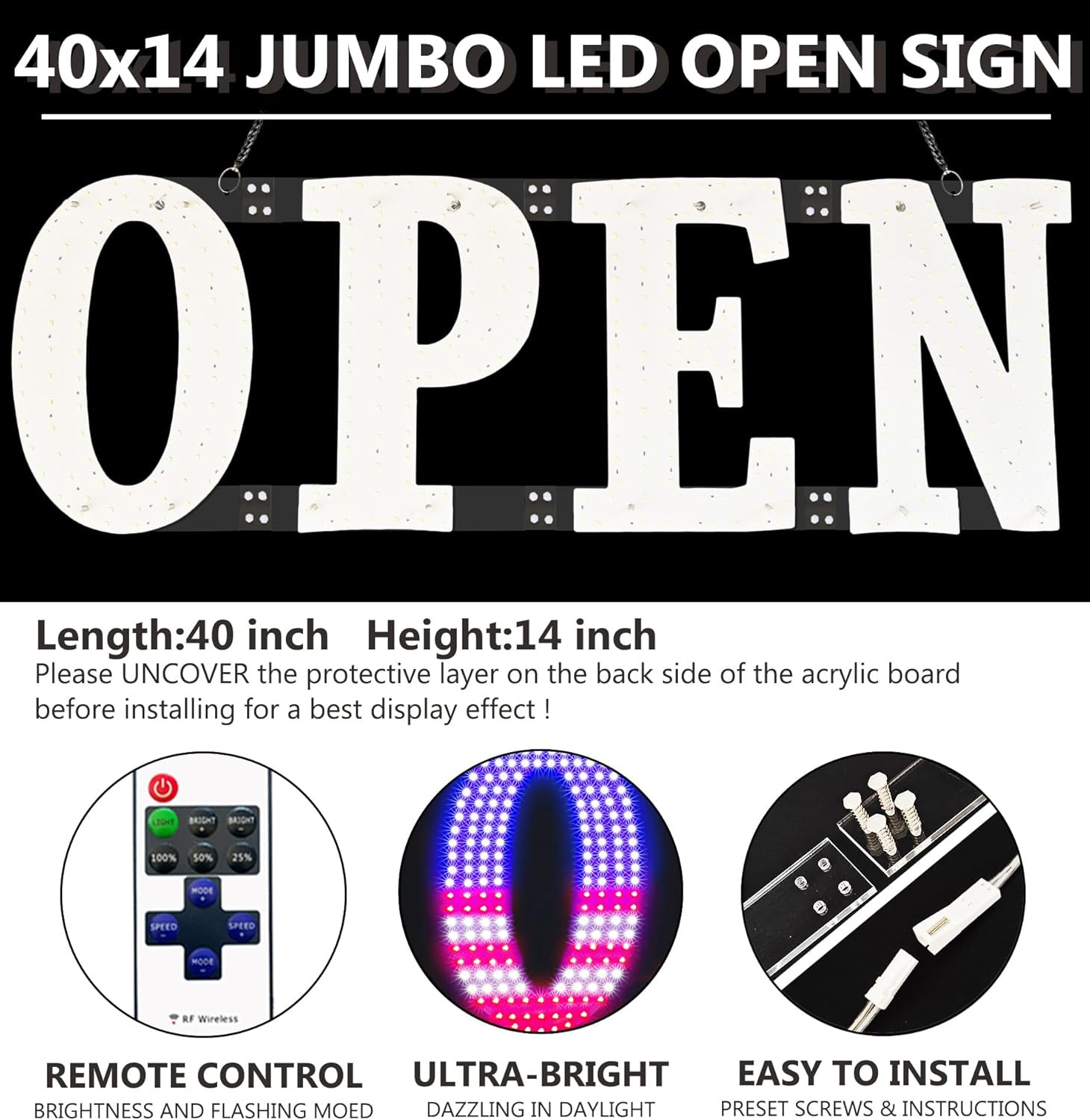 LED USA Flag Open Sign with Remote for Business – 40×14 Inch