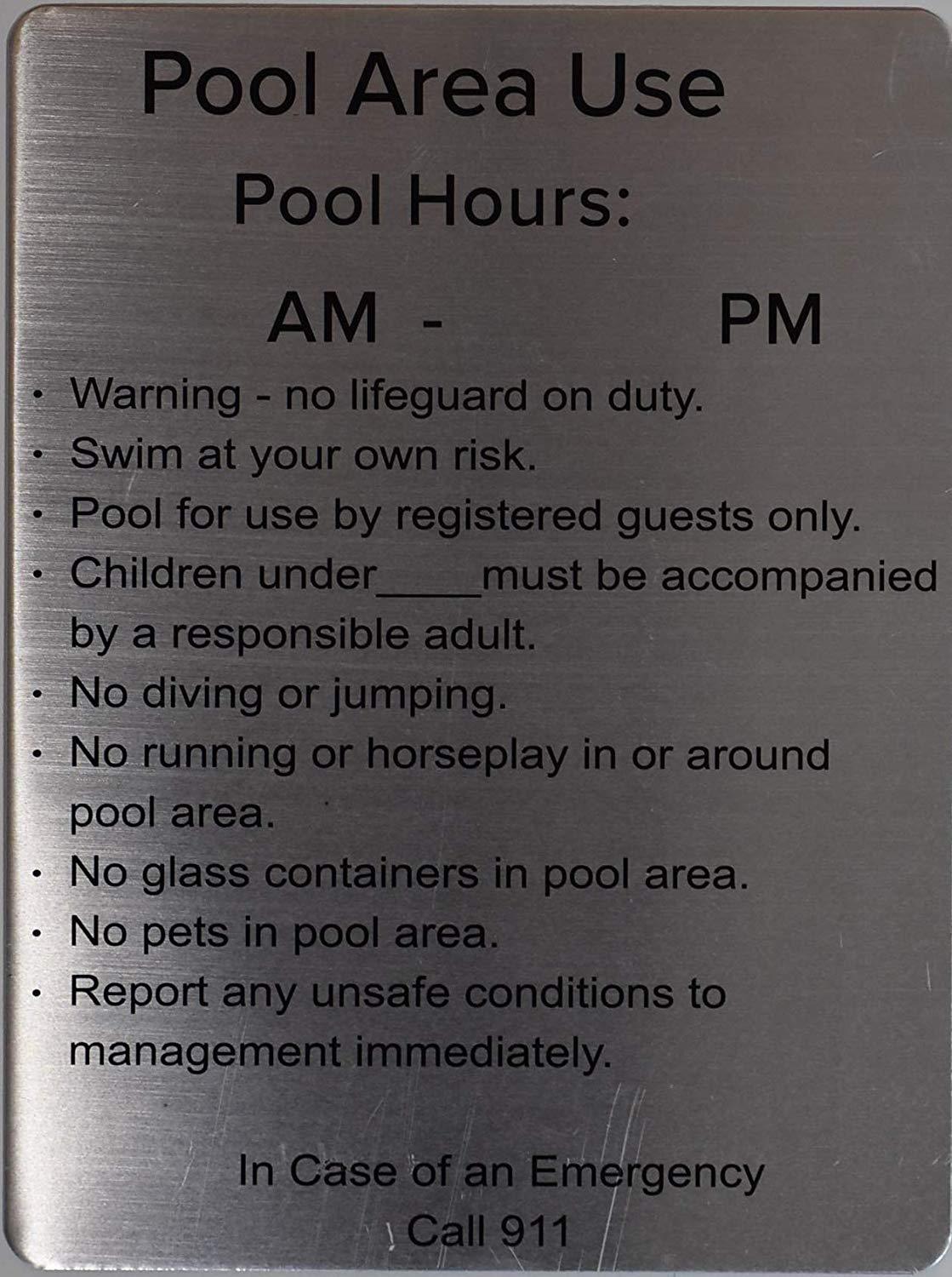 Pool Area use- Pool Hours Sign (Silver, Rust Free Aluminium 9×12)-REF24-1027
