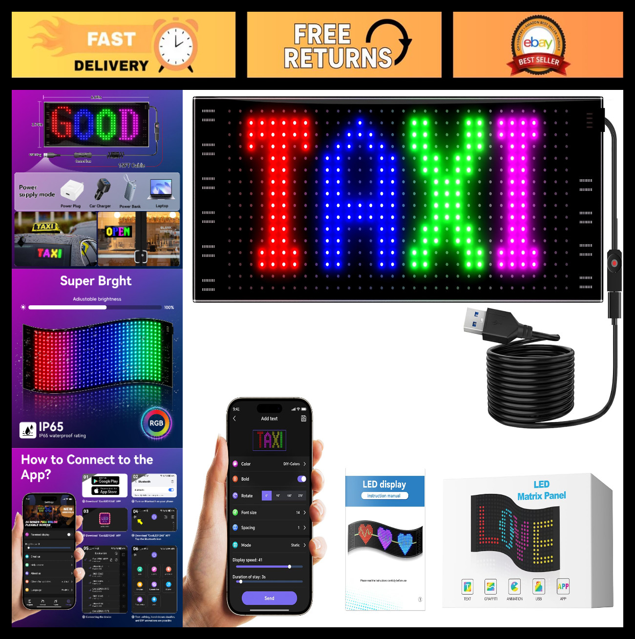 Programmable LED Car Sign – Front Windshield Light | Bluetooth Custom Text & Ani