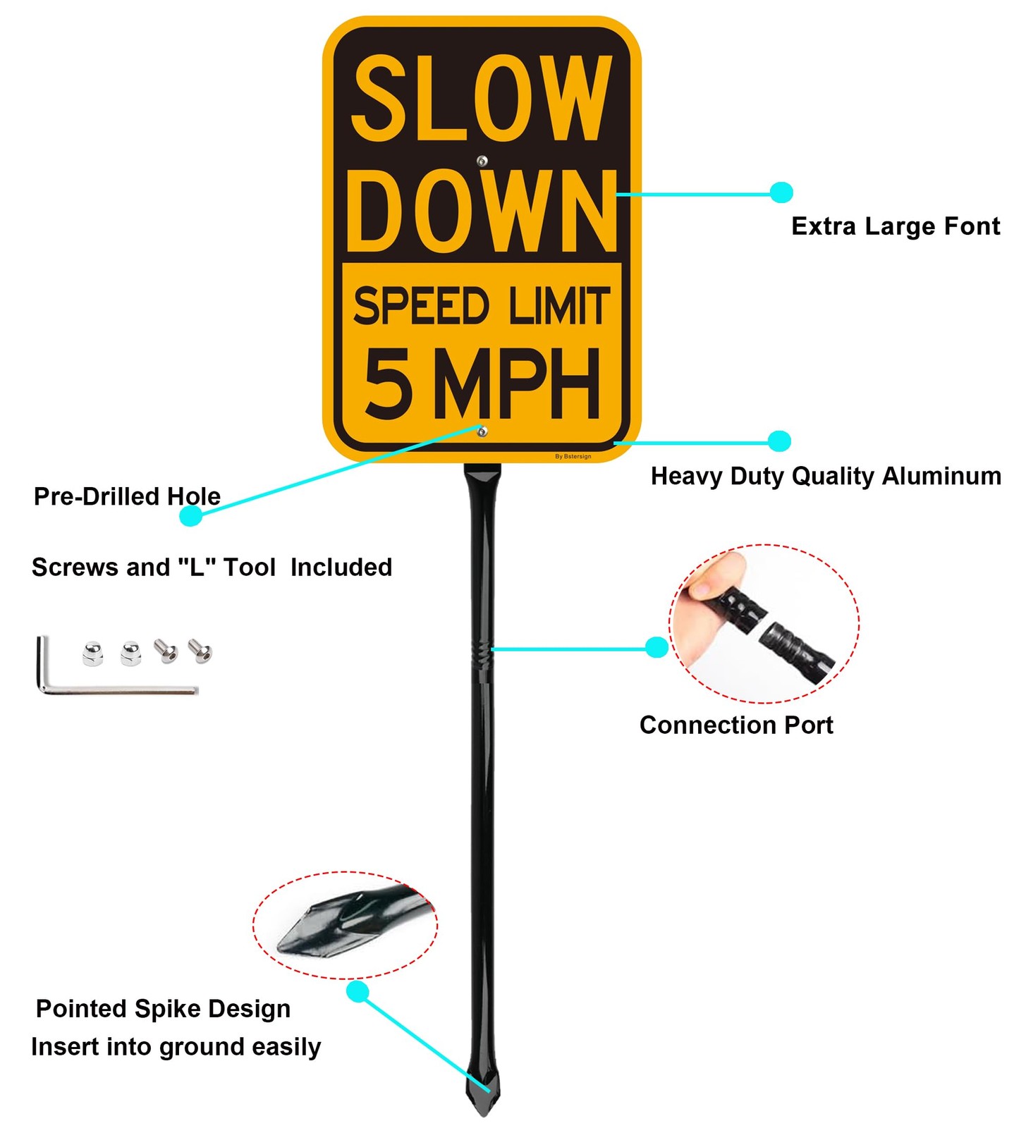 2 PCS 14×10 Inch Slow Down Speed Limit 5MPH Sign Reflective 36 In Metal Stake