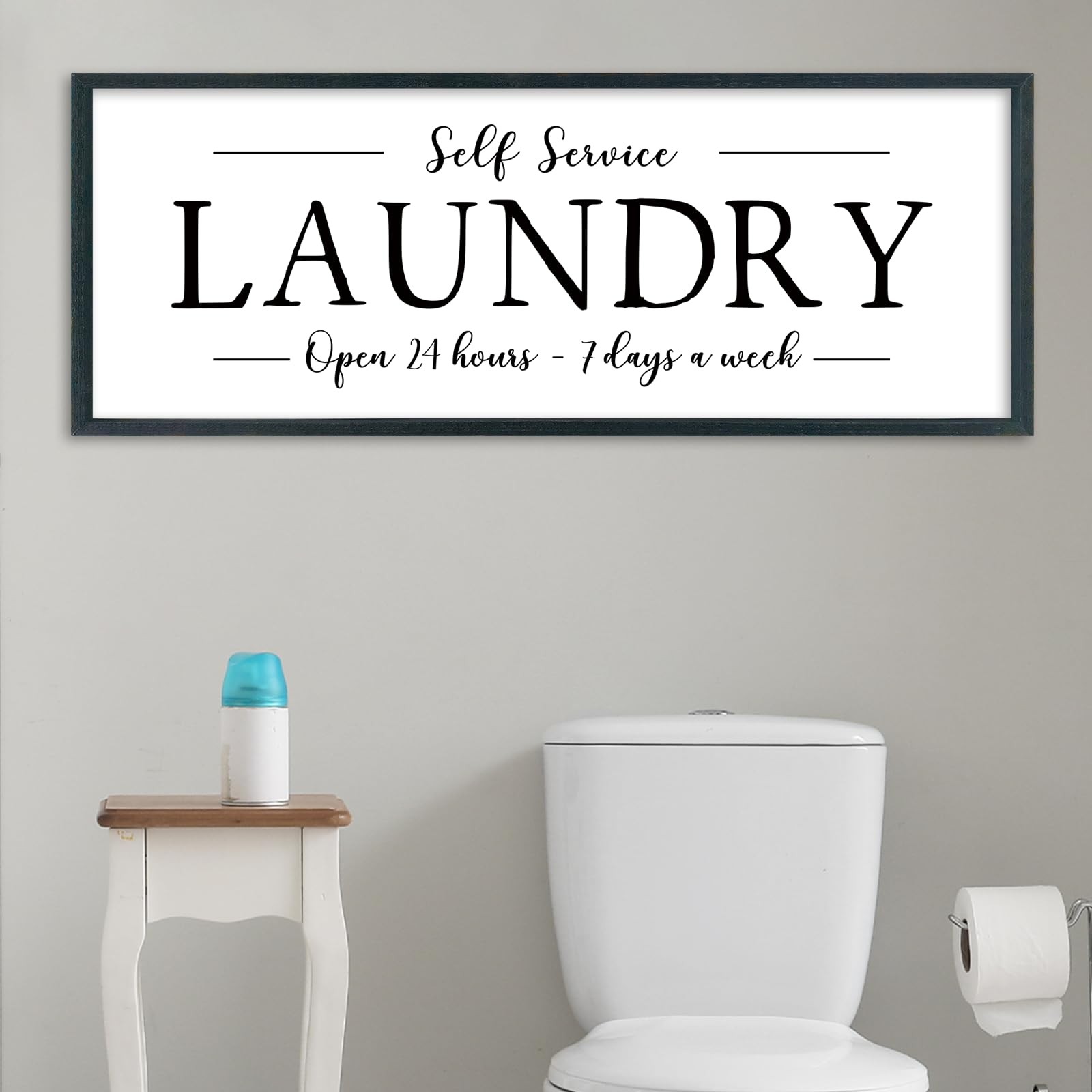 Framed Laundry Room Sign, 32 x 12 Inch Self Service Open 24 Hours Farmhouse W…