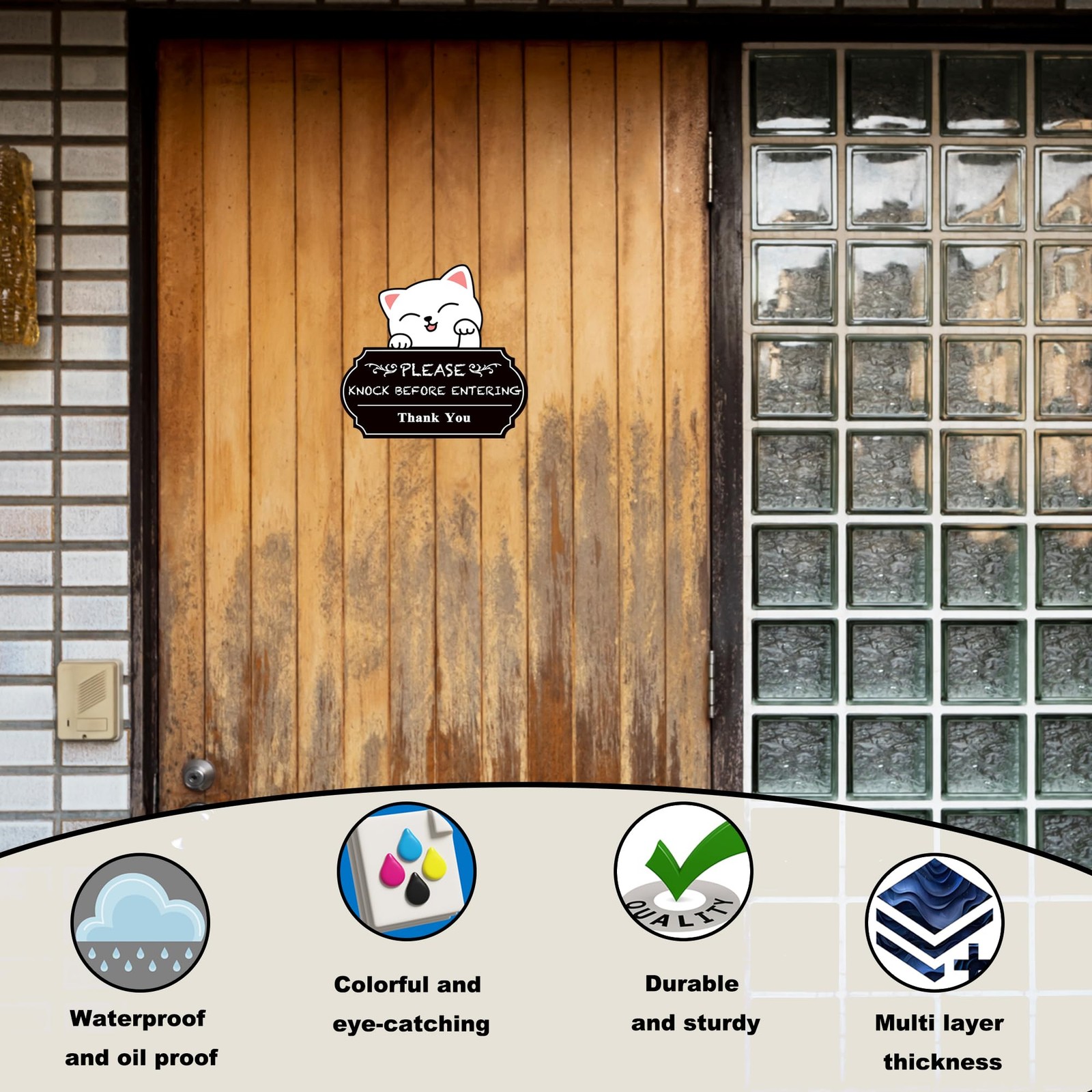 Please Knock Sign for Door UV Resistant Self Adhesive Vinyl Funny Office Cat