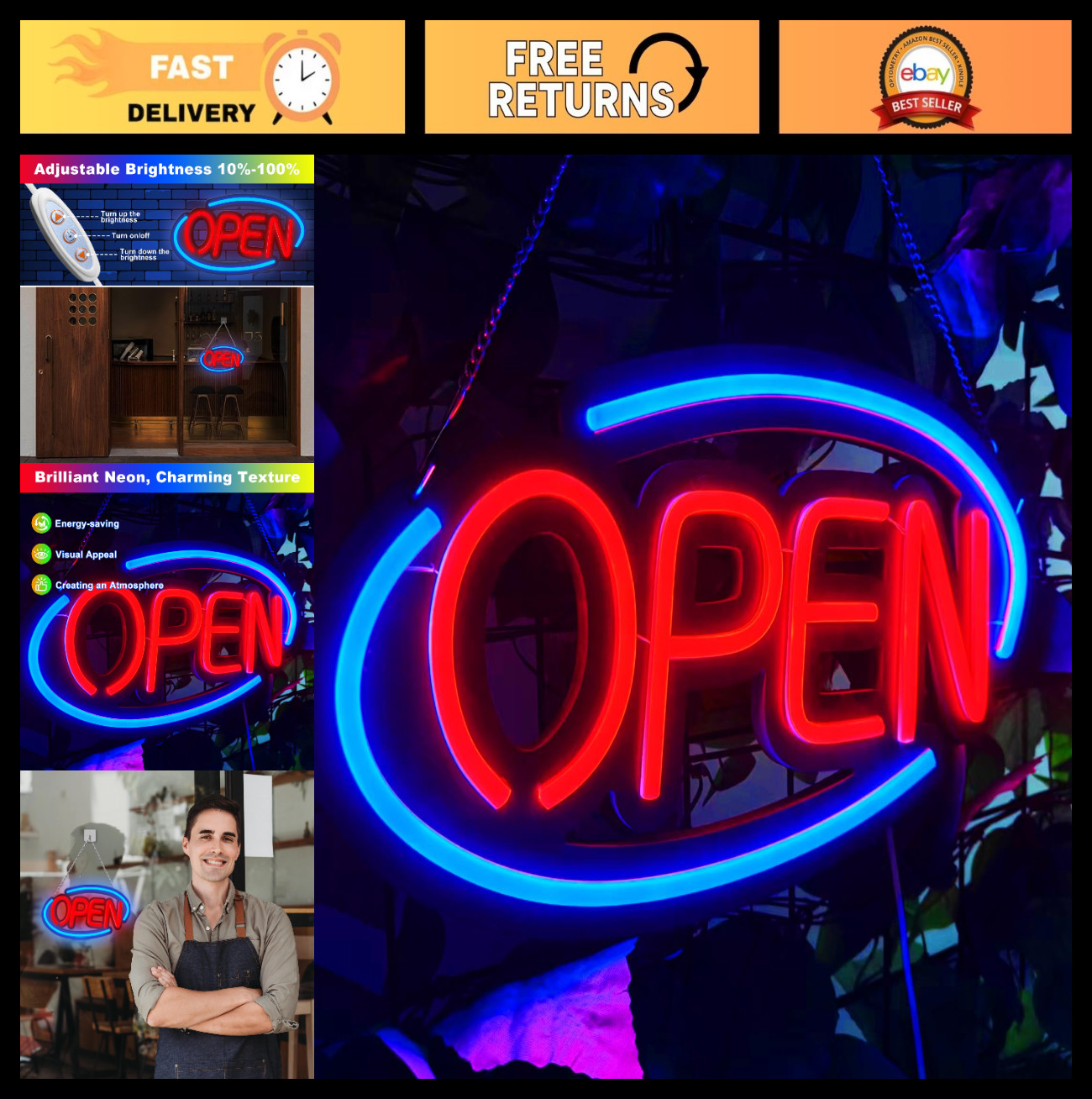 Bright Dimmable Neon Open Sign LED Light for Business, Store, Bar – 14.17&Prime;x7.87