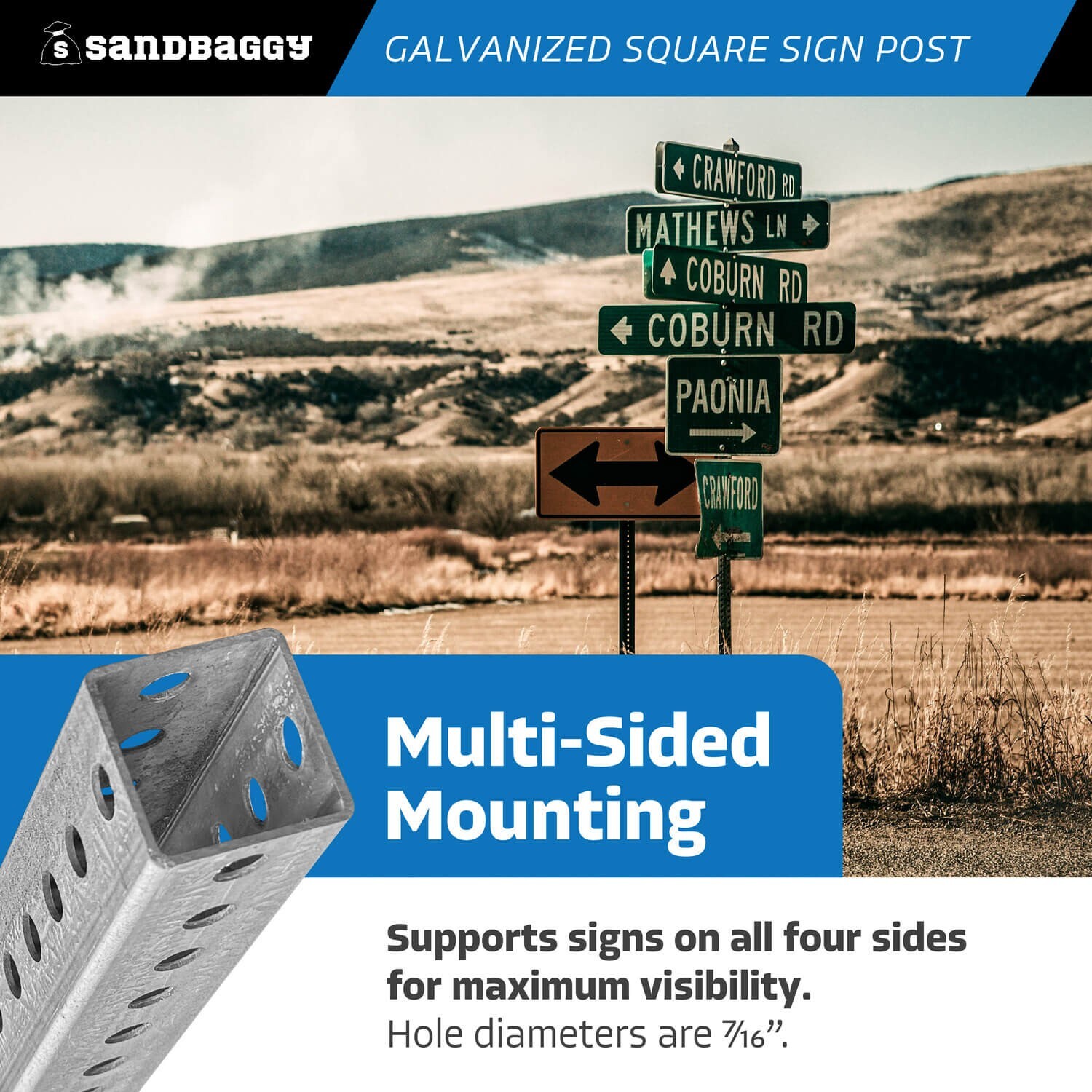 Sandbaggy 6 ft Galvanized Square Sign Post – 1-3/4&Prime; Wide – 7/16” Hole Diameter