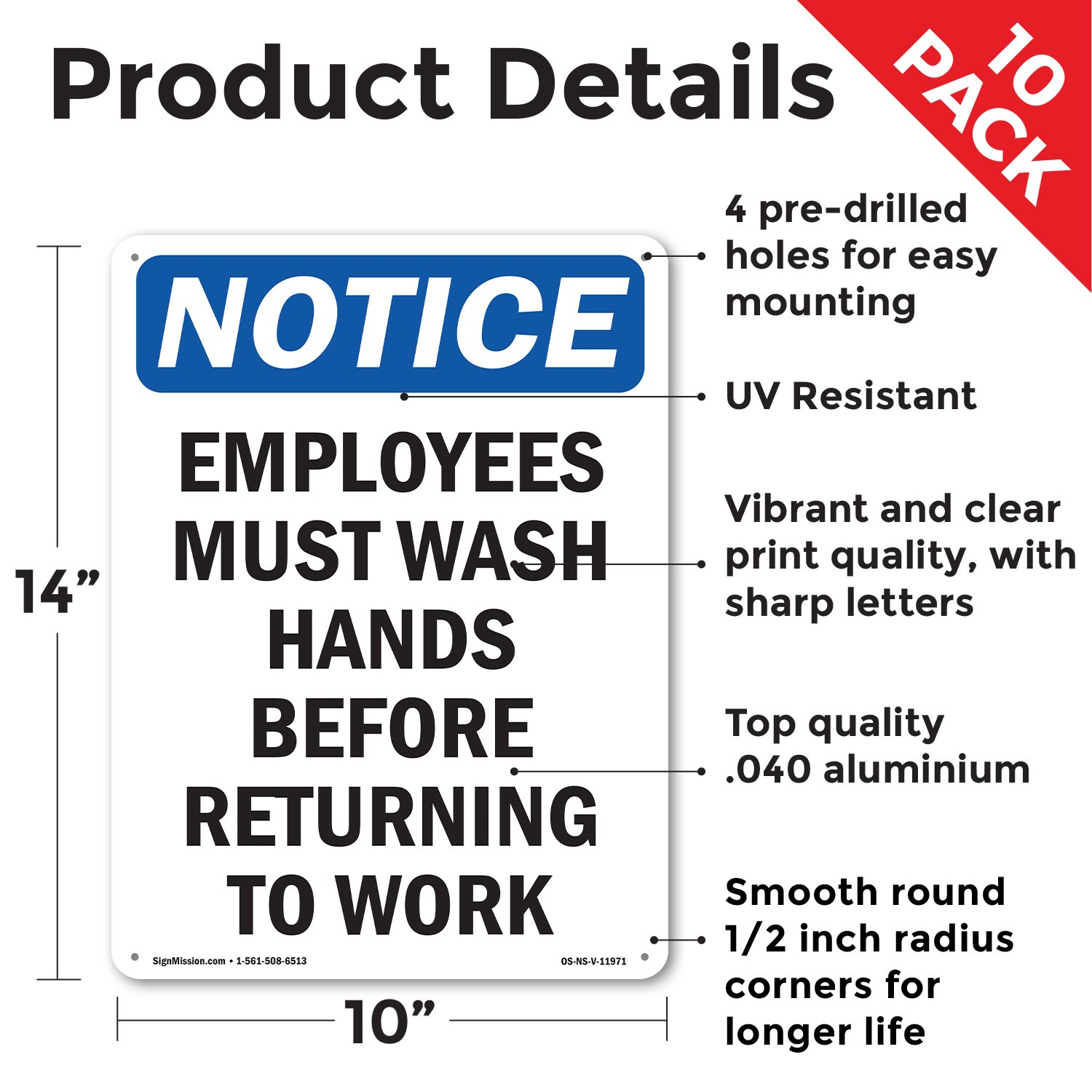 Employees Must Wash Hands Before OSHA Notice Sign Metal, Decal – 5 or 10 Pack
