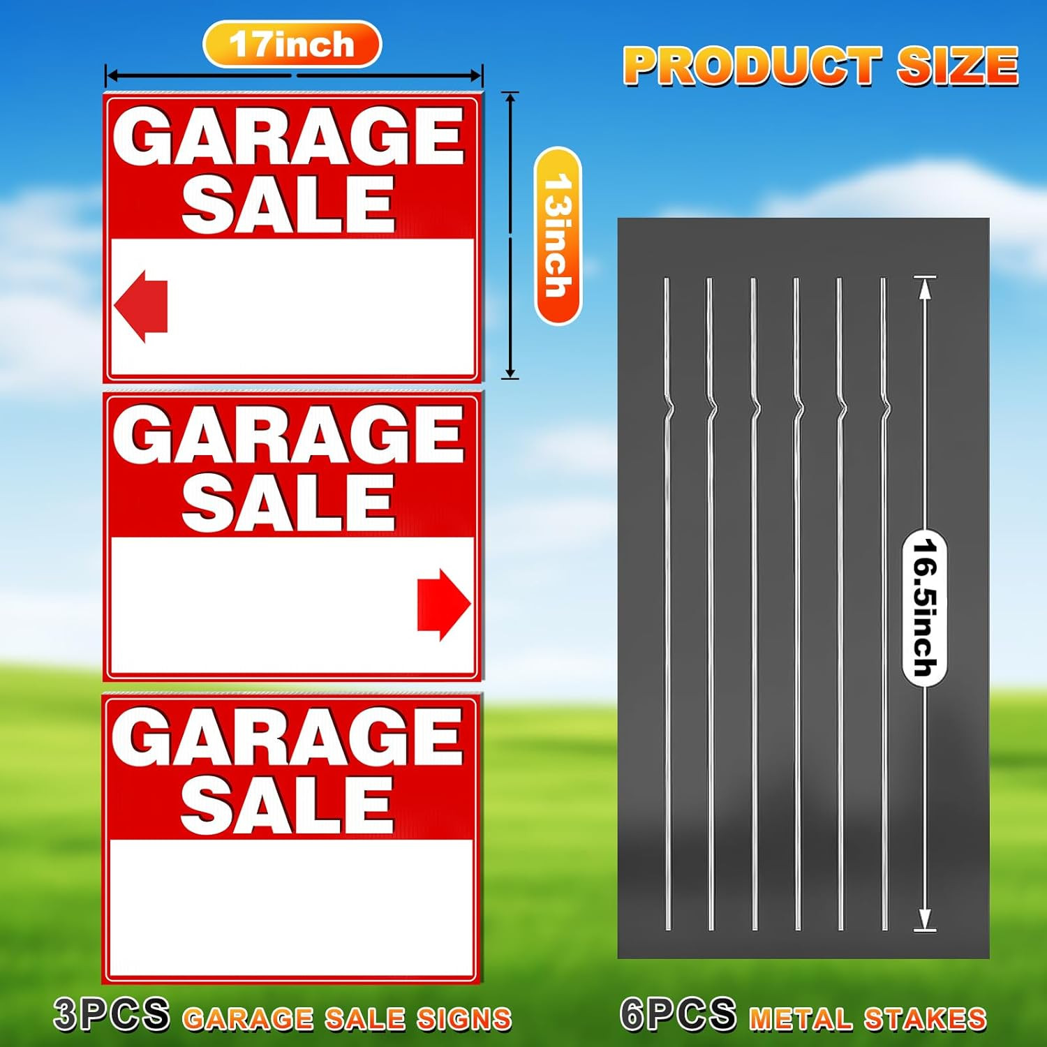 Garage Sale Signs, 3 Pcs Yard Signs with Metal Stakes, 17X13 Inch Double Sided L
