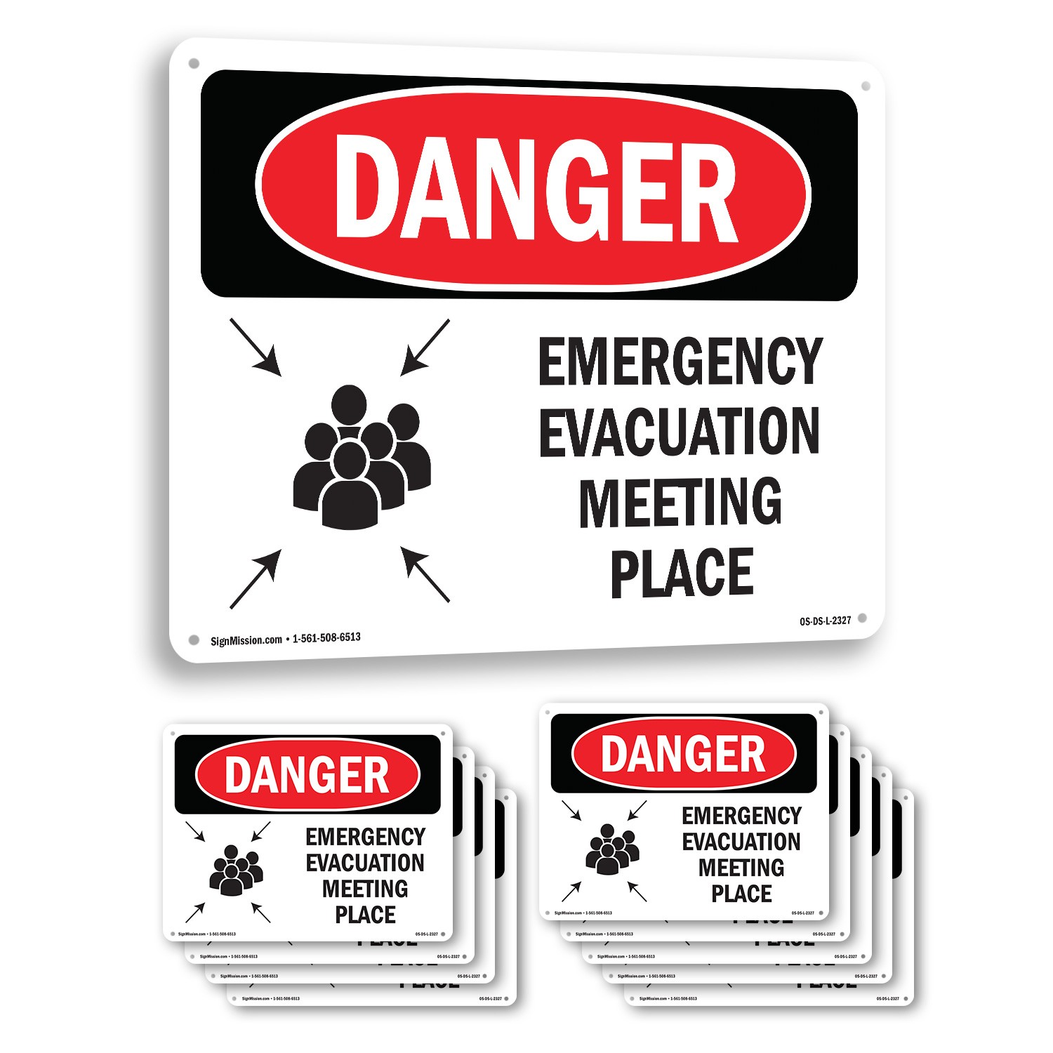 Emergency Evacuation Meeting Place OSHA Danger Sign Metal, Decal – 5 or 10 Pack