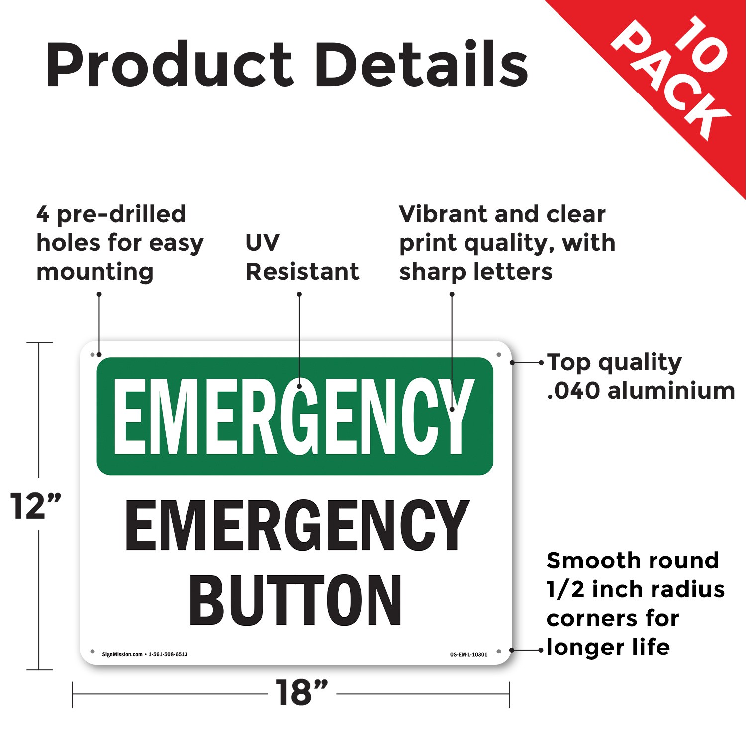 Button OSHA Emergency Sign Metal, Plastic, Or Decal – 5 or 10 Pack