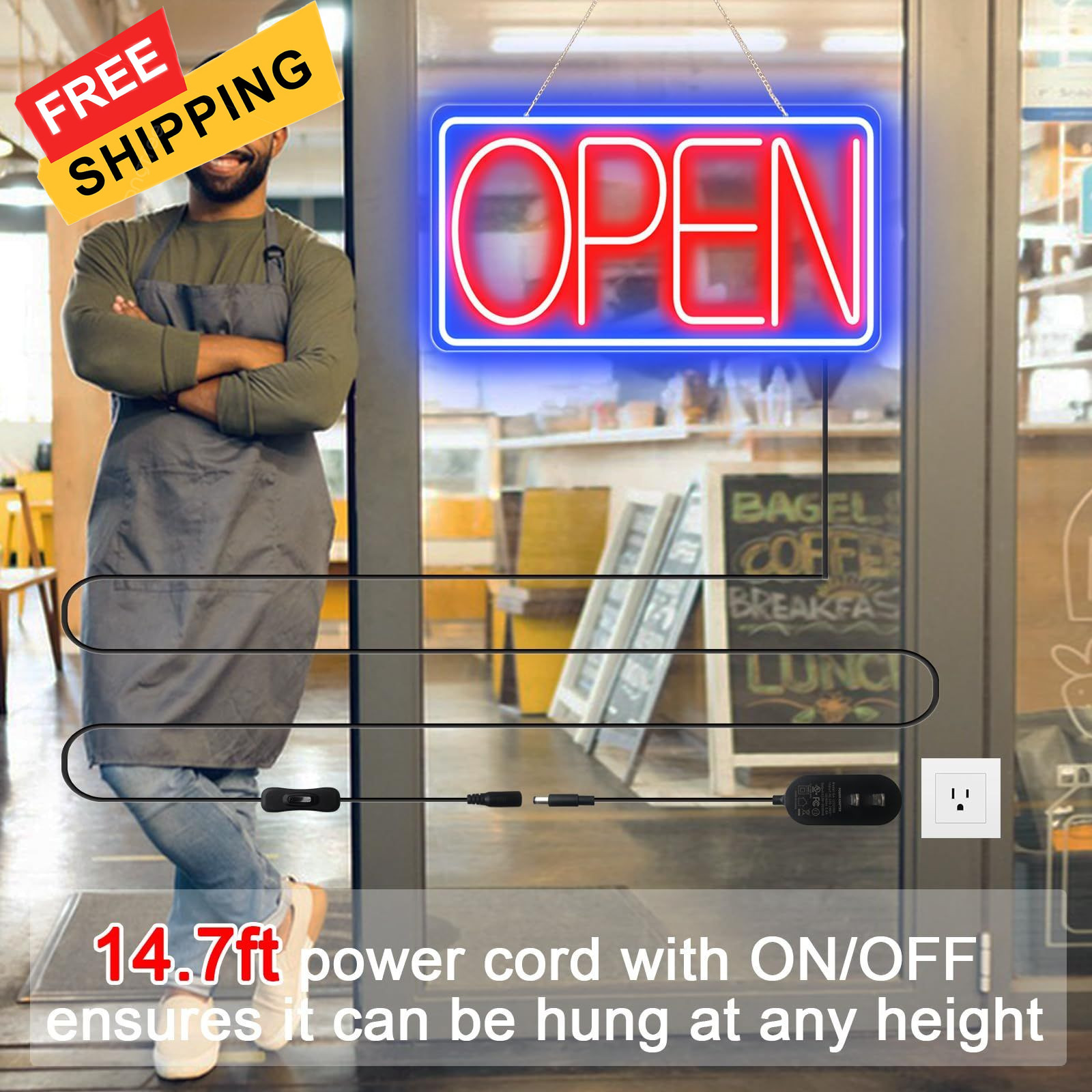 16.5&Prime; X 9&Prime; Led Neon Open 16.5×9 inch with AC Adapter, Blue/Red-Horizontal