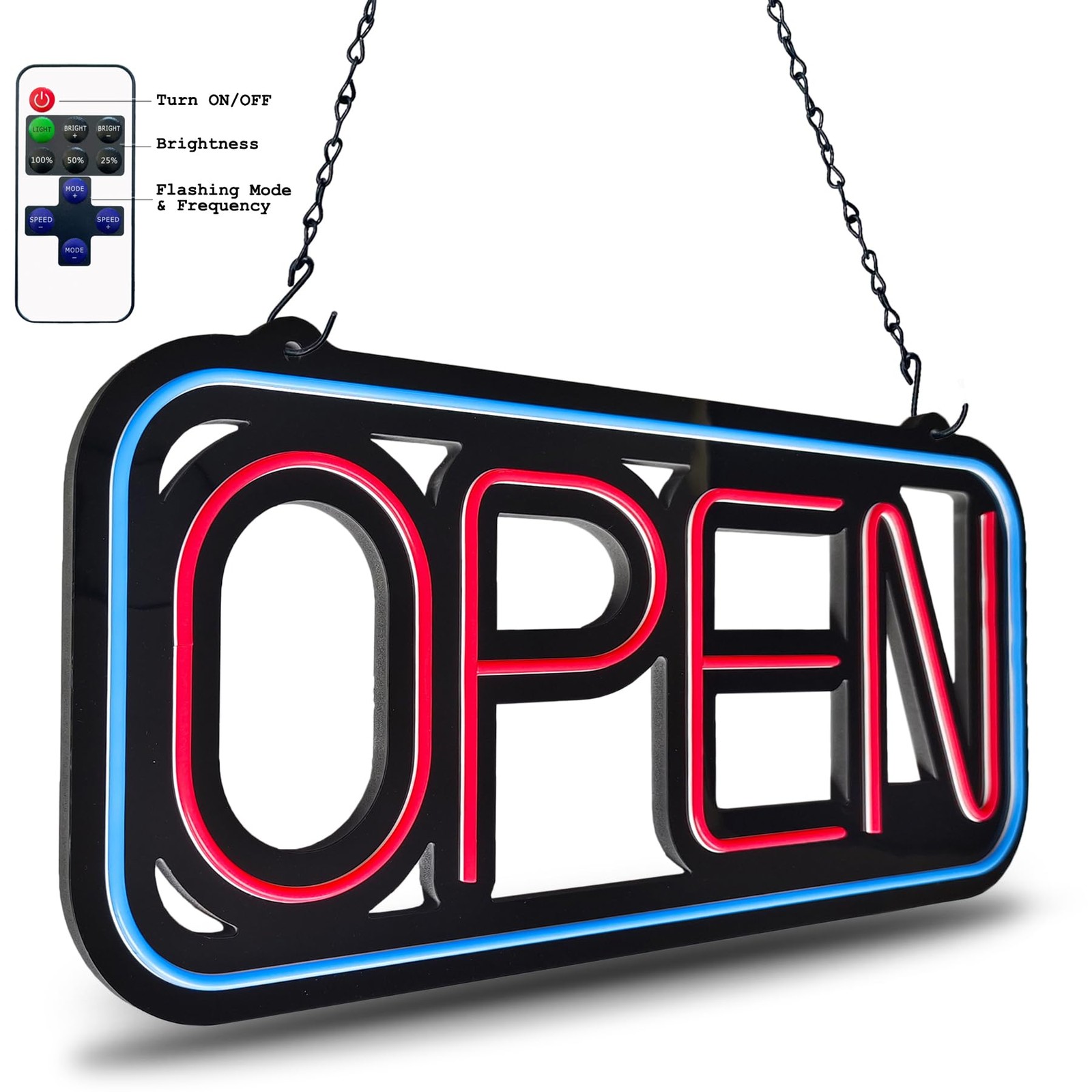 Bright LED Open Sign for Business – 32×16 Inch with Remote & Flashing Mode