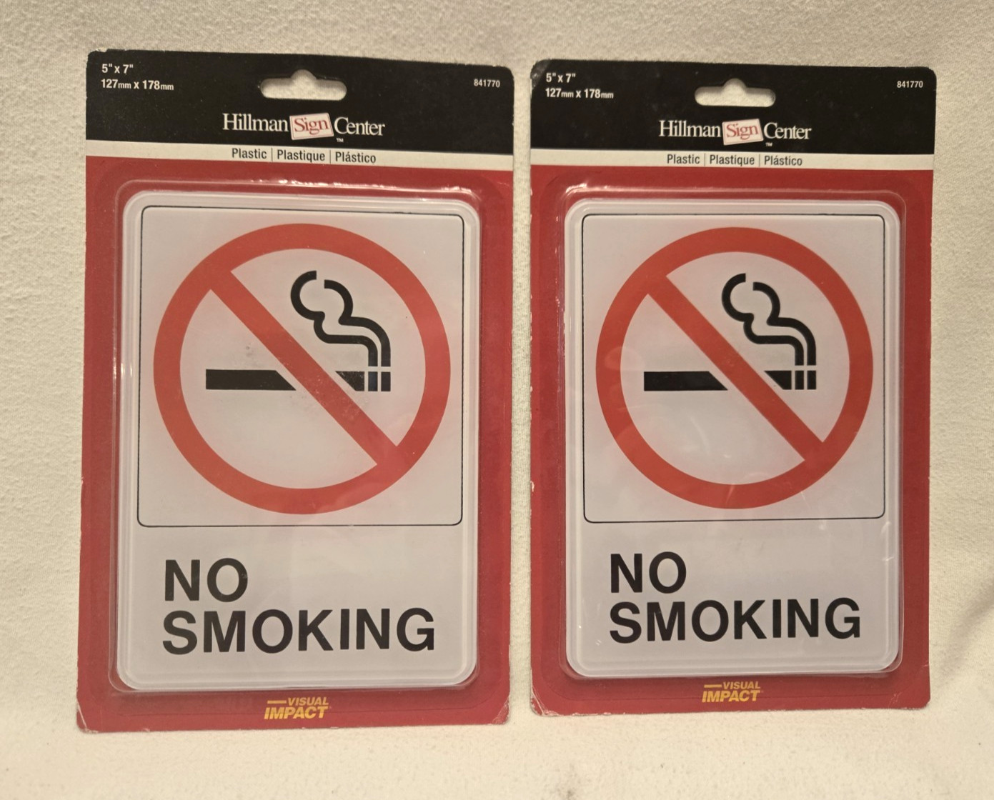 NO SMOKING 5&Prime; x 7&Prime; Hillman Plastic Self Stick Visual Signs. Lot of 2 * NEW *