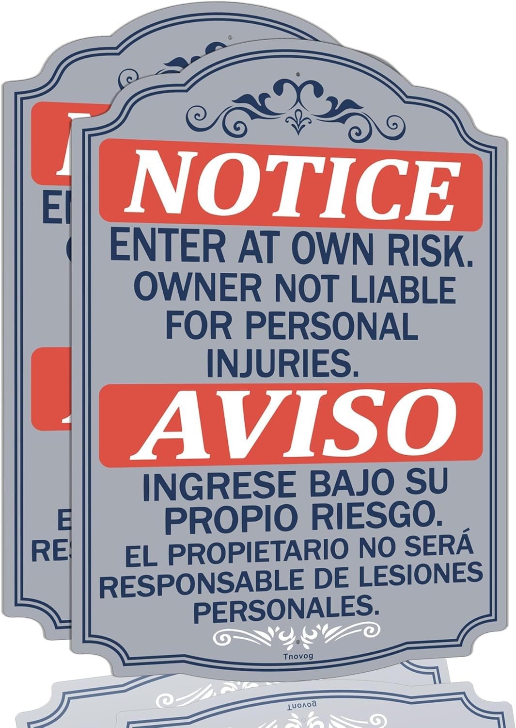 Notice Enter At Own Risk Bilingual Metal Security Signs 14×10 Inch 2 PCS