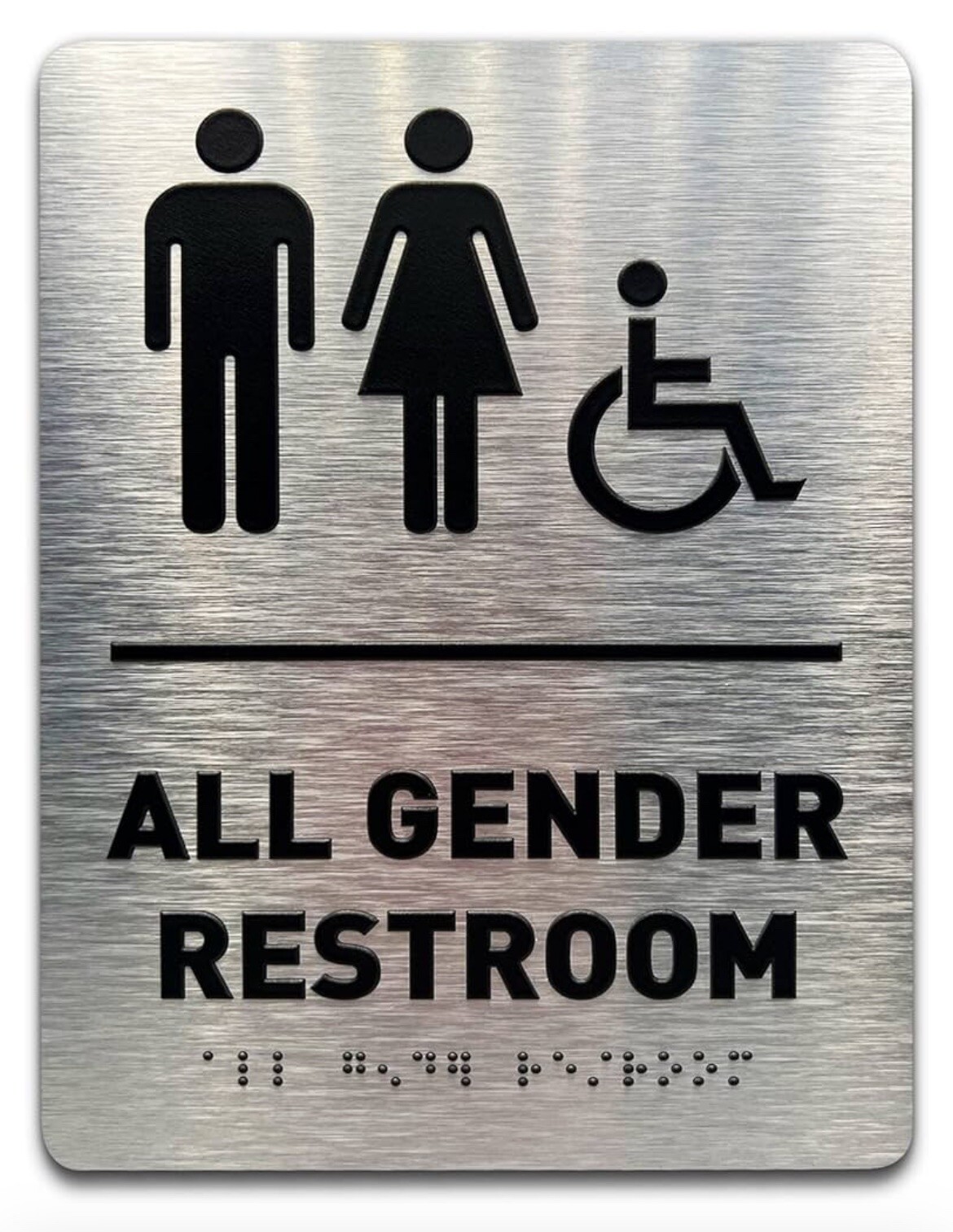5 NEW Brushed Aluminum Signs by GDS: 2 MEN + 2 WOMEN + 1 ALL GENDER RESTROOM