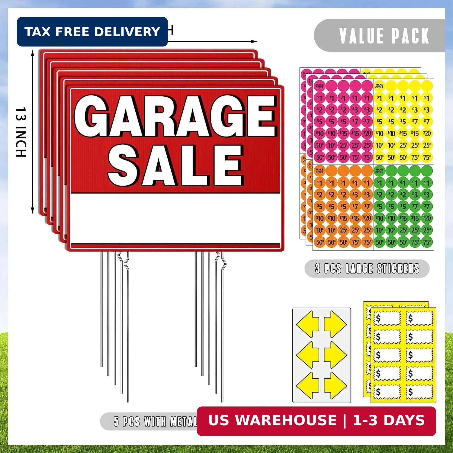 Garage Sale Kit (10 Pcs), 5 Pack Garage Sale Signs with Metal Stakes, 5 Pack Yar