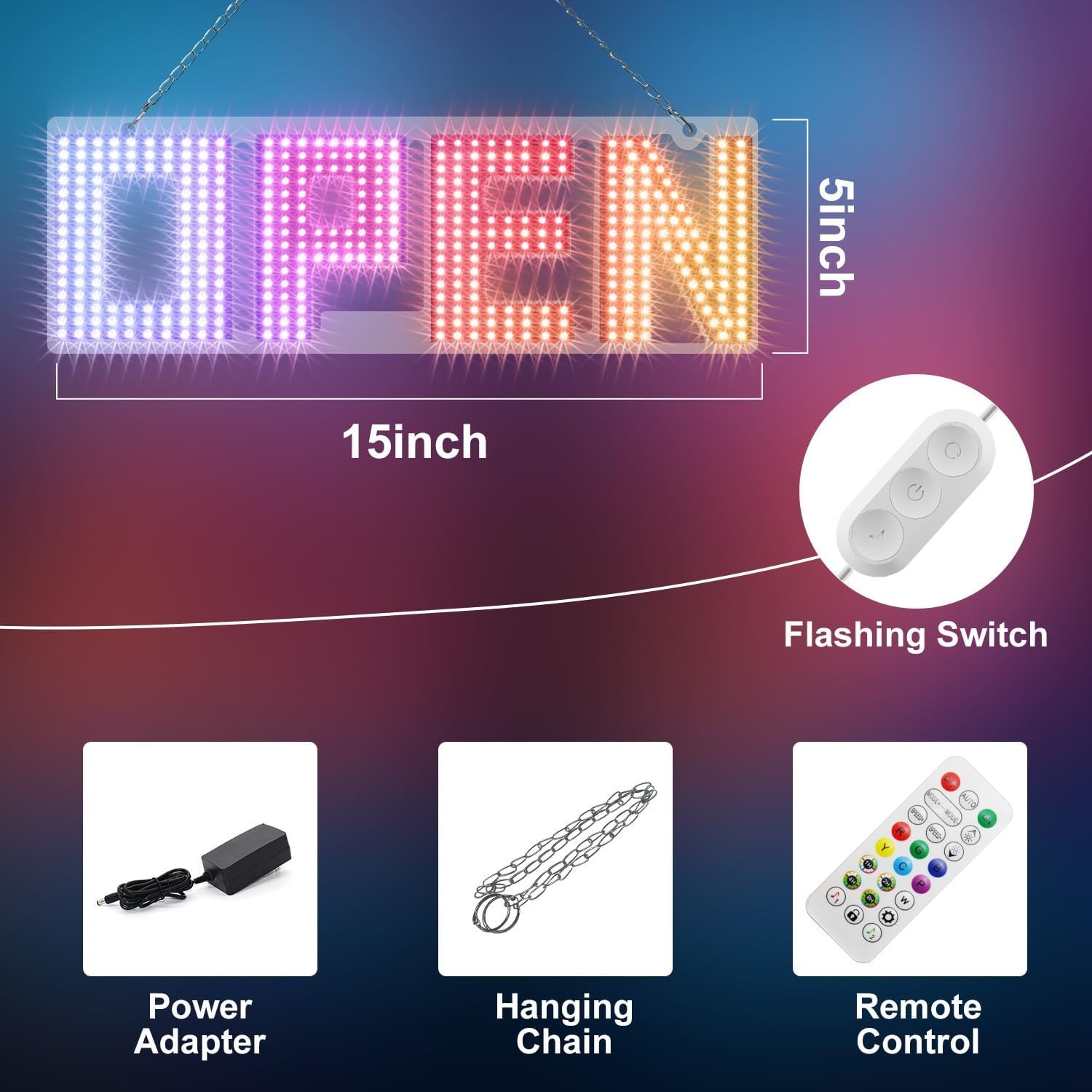 LemonNova 15”x5” LED Open Sign, Bright Window Display with Chain & Remote