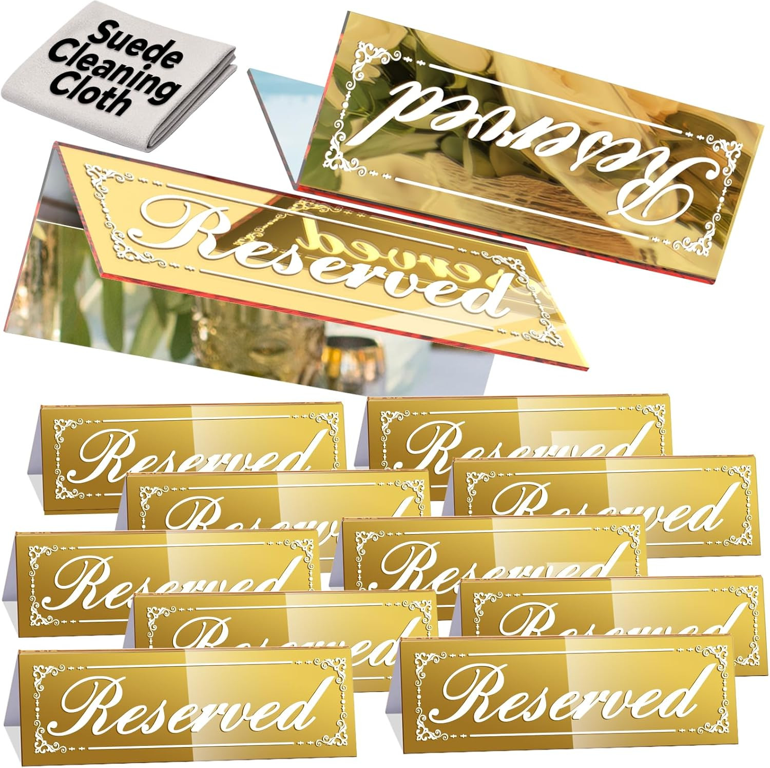 12 Pcs Mirrored Gold Reserved Table Signs, 6&Prime; X 2&Prime; Double-Sided Table Tent Sign