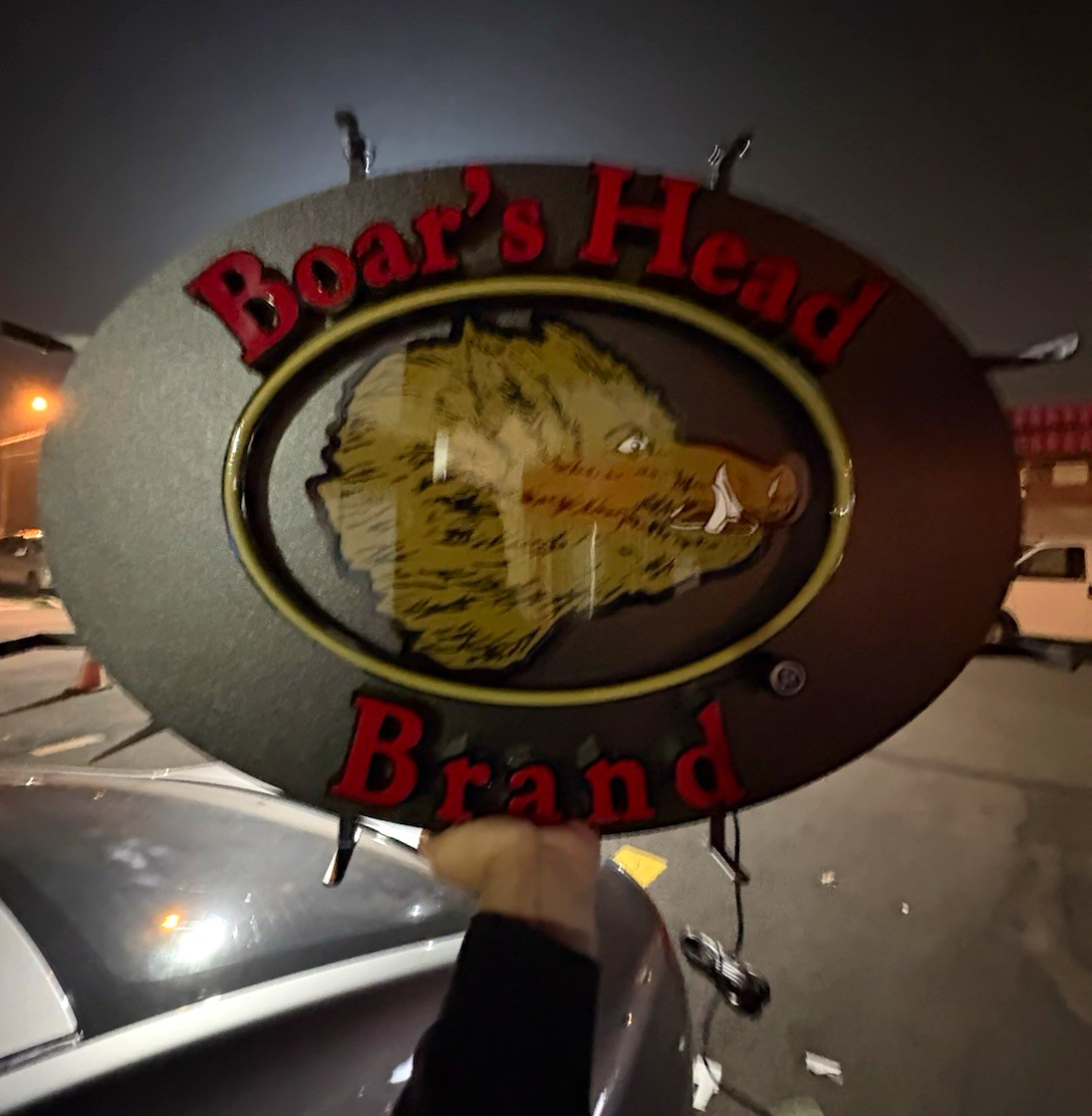 Boar&rsquo;s Head Brand Black Hanging Lighted Exterior Sign for Outdoor Display