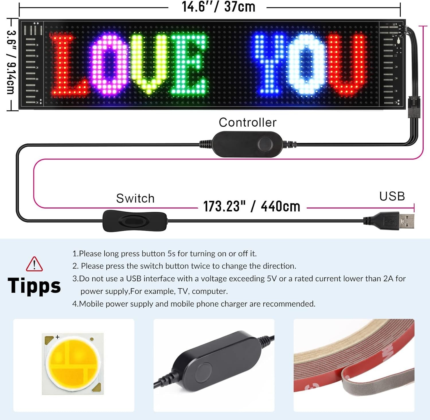 15 »x4 » RGB LED Sign with App Control – Waterproof for Indoor & Outdoor Use