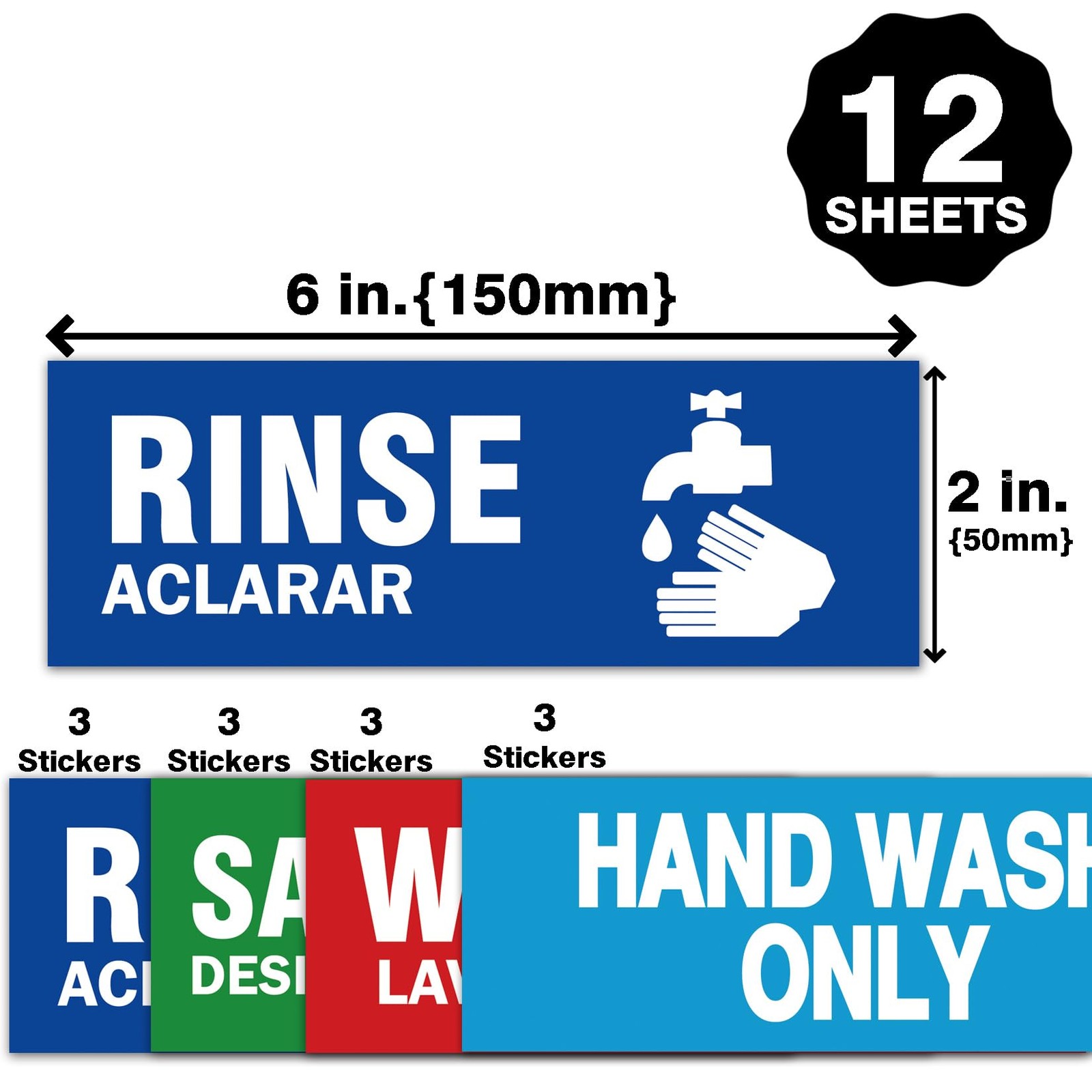 12 Pack Sink Labels Wash Rinse Sanitize Stickers Waterproof Kitchen Signs Set