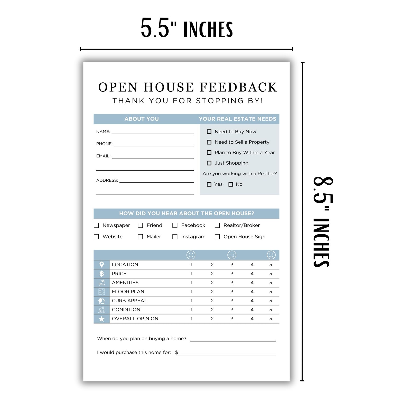 75 PCS Realtor Open House Feedback Form 5.5×8.5 Inch Flyer Client Sign Sheet