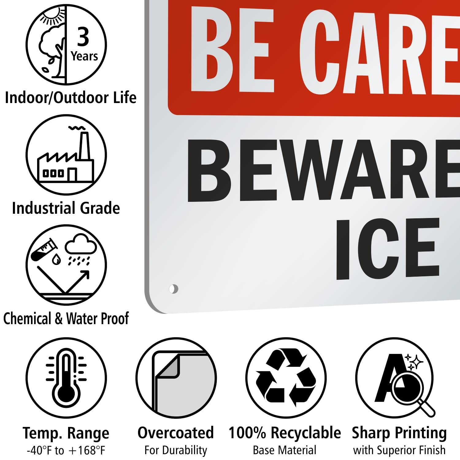 7×10 Inch Be Careful Beware of Ice Sign HDPE Plastic Red Black White