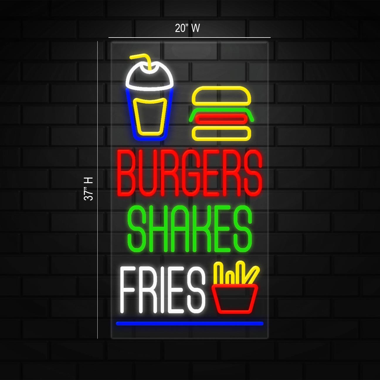 Burgers Shakes Fries Sign for Window Display | LED Flex Neon | 20&Prime;W x 37&Prime; x 1&Prime;D