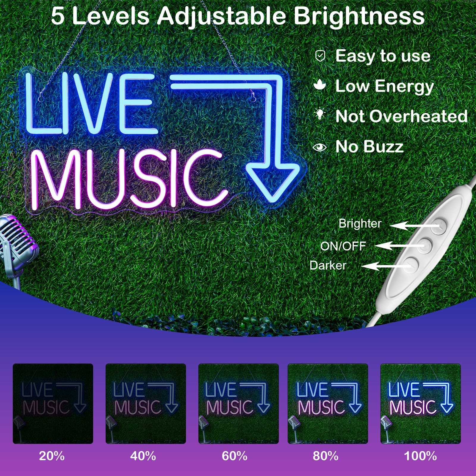 Live Music Neon Sign LED Neon Sign Large Blue and Pink Words for Music Studio…