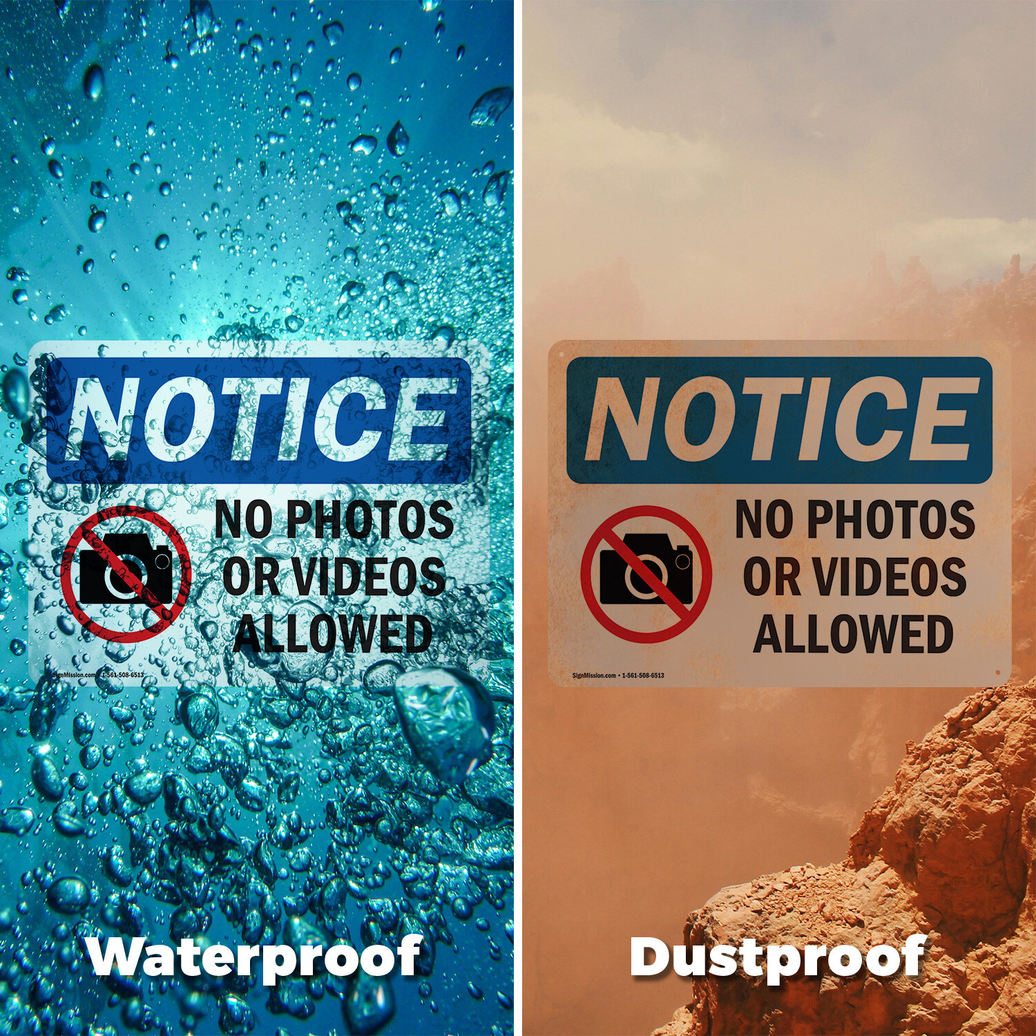 (2 Pack) No Photos Or Video Allowed OSHA Notice Sign Decal Metal Plastic