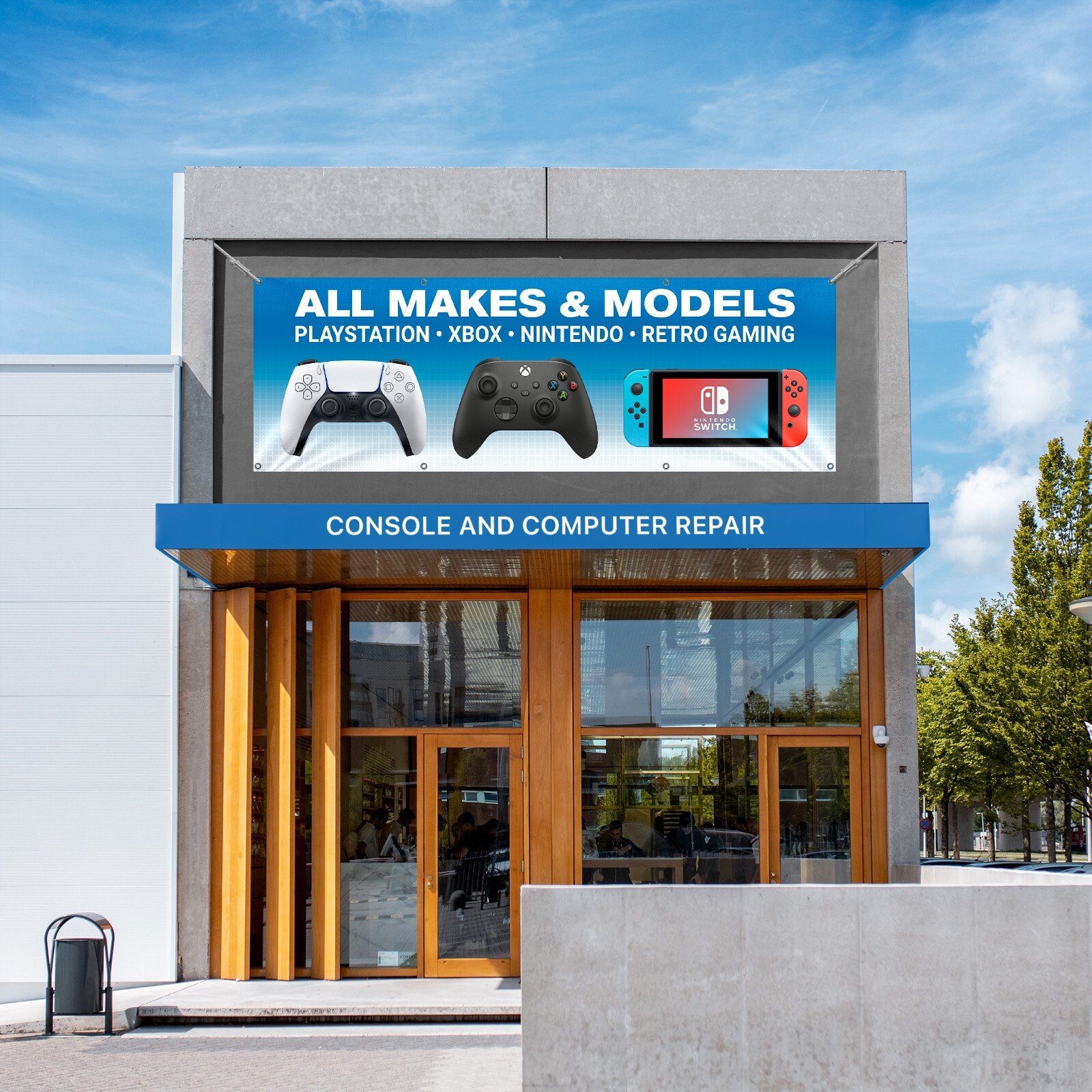 Game Console Repair Nintendo Switch Wii Xbox PS5 retro video game vinyl banners