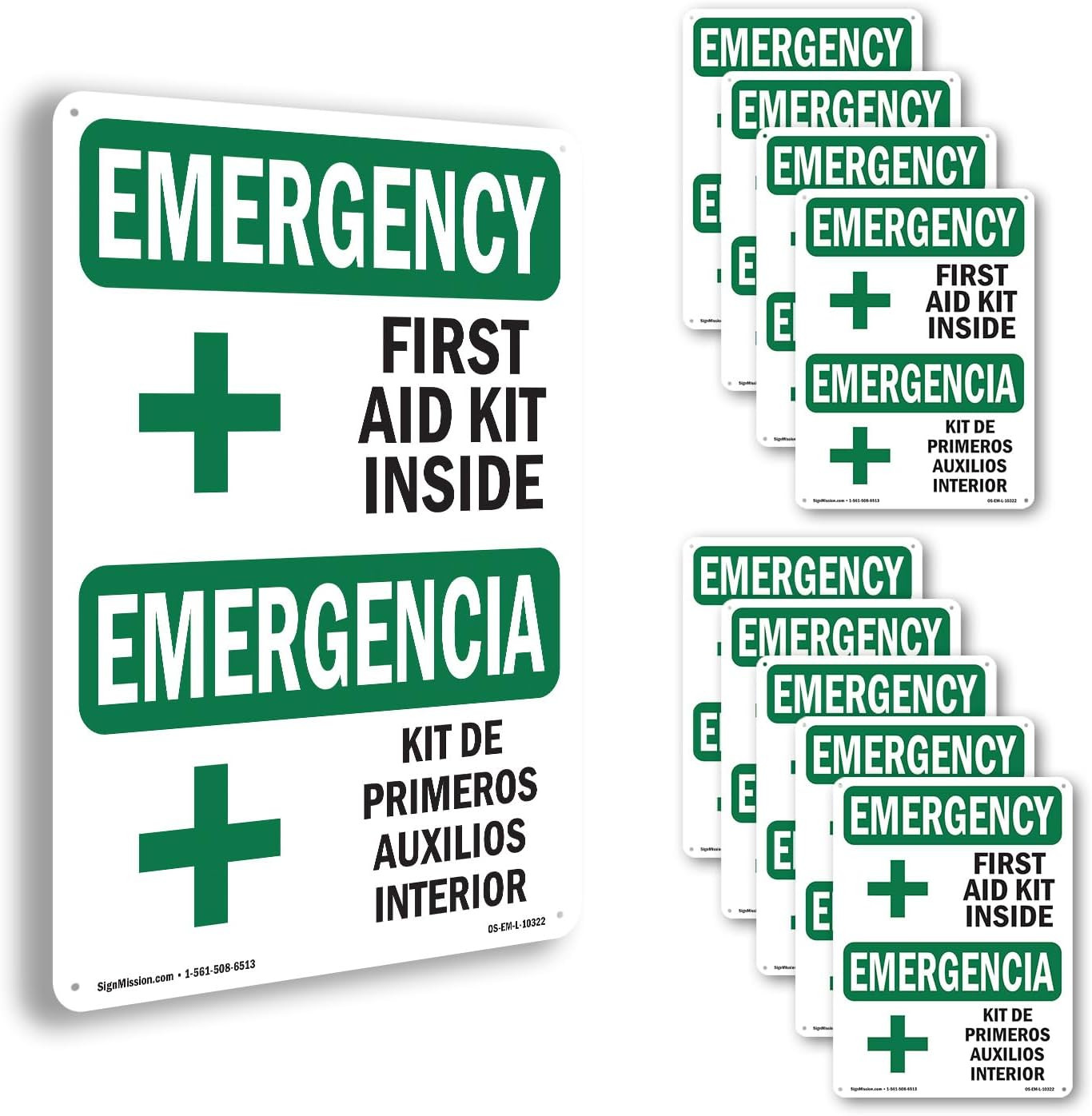 First Aid Kit inside Bilingual OSHA Emergency Rigid Plastic Sign 18 Inch X 12 In