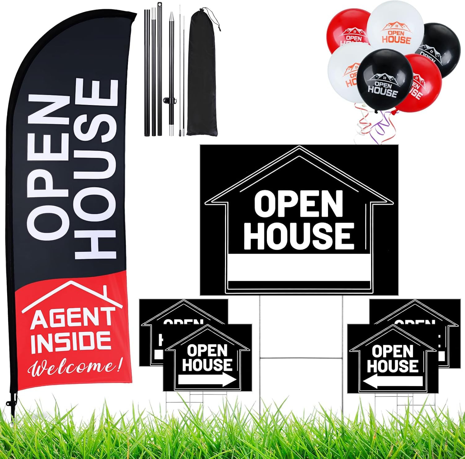 Open House Sign Set – 36 Pcs with Flags, Arrows, Balloons & Stakes