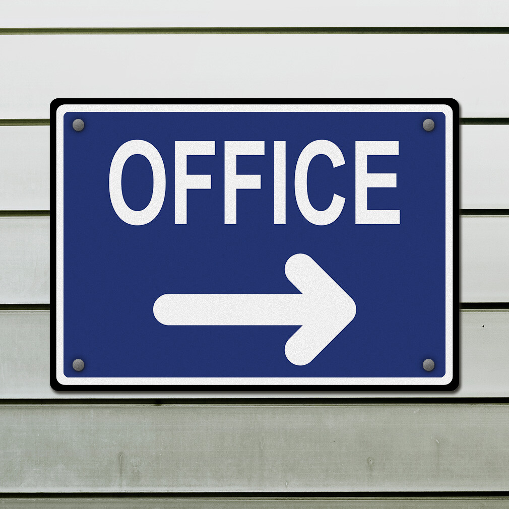 Horizontal Metal Sign Office Blue with Right Arrow Facility Property