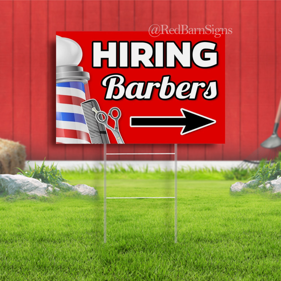 Hiring Barbers Arrow Indoor Outdoor Yard Sign with metal stakes