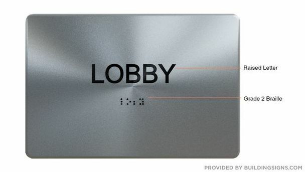 LOBBY SIGN With Braille and Raised Letters (Aluminum, Brush Silver, size 6×9)