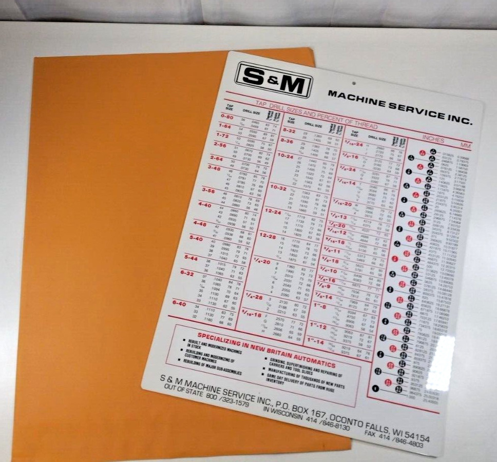 S & M Machine Service, Inc Decimal Tap Drill Sizes and Percent of Thread Sign