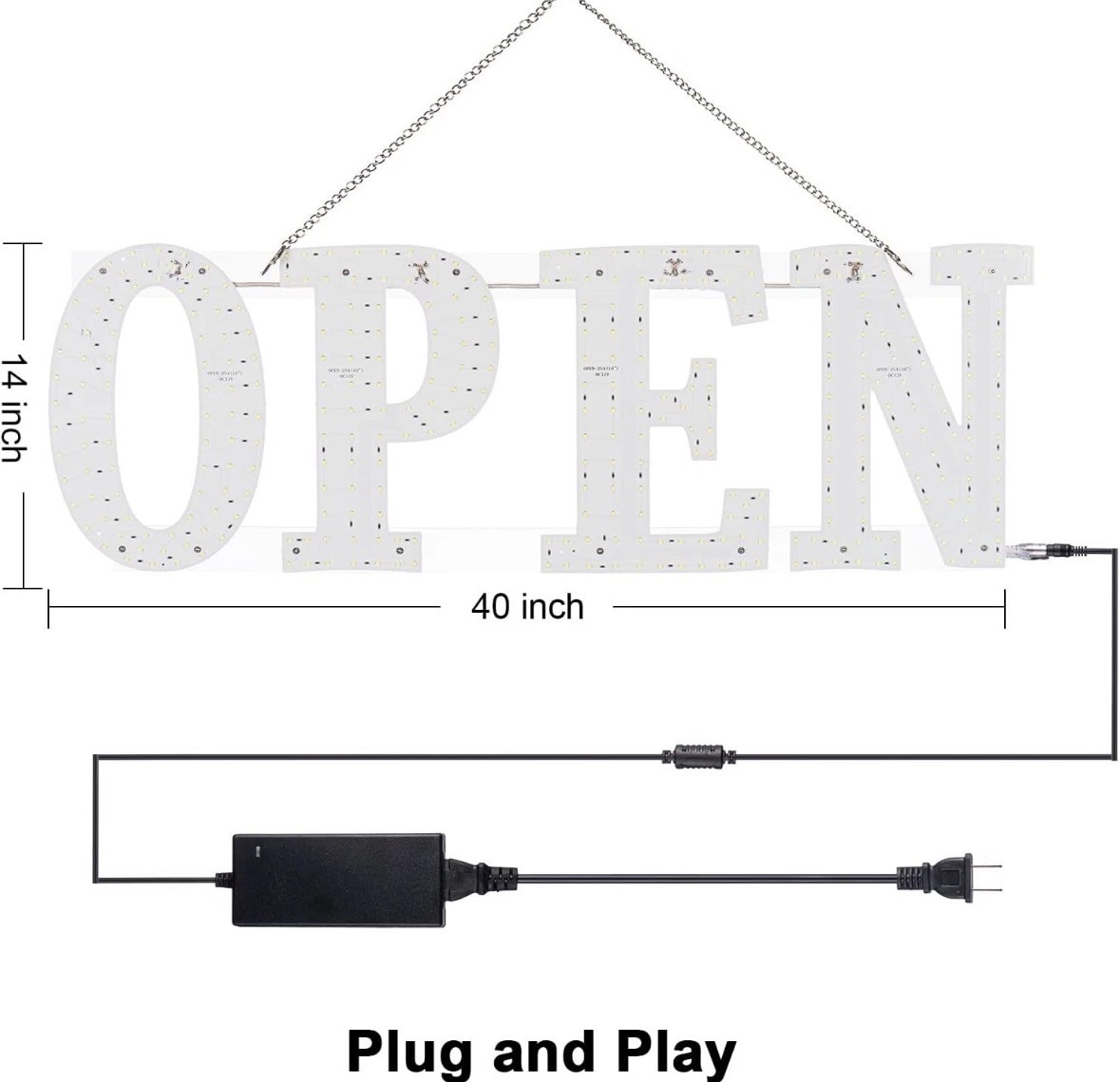 40&Prime;x14&Prime;Bright Large LED Open Sign for Business with Hanging InstallationU.S.flag