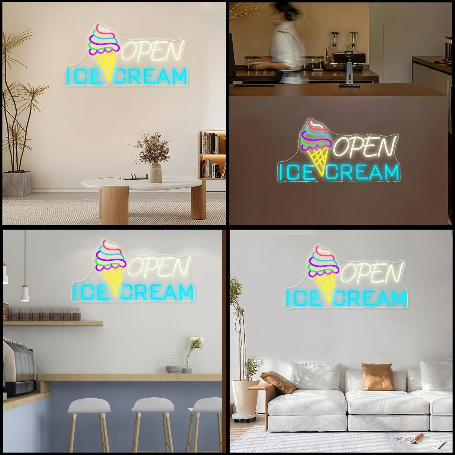 Neon Ice Cream Open Sign – USB Powered Brightness Adjustable Cafe Decor
