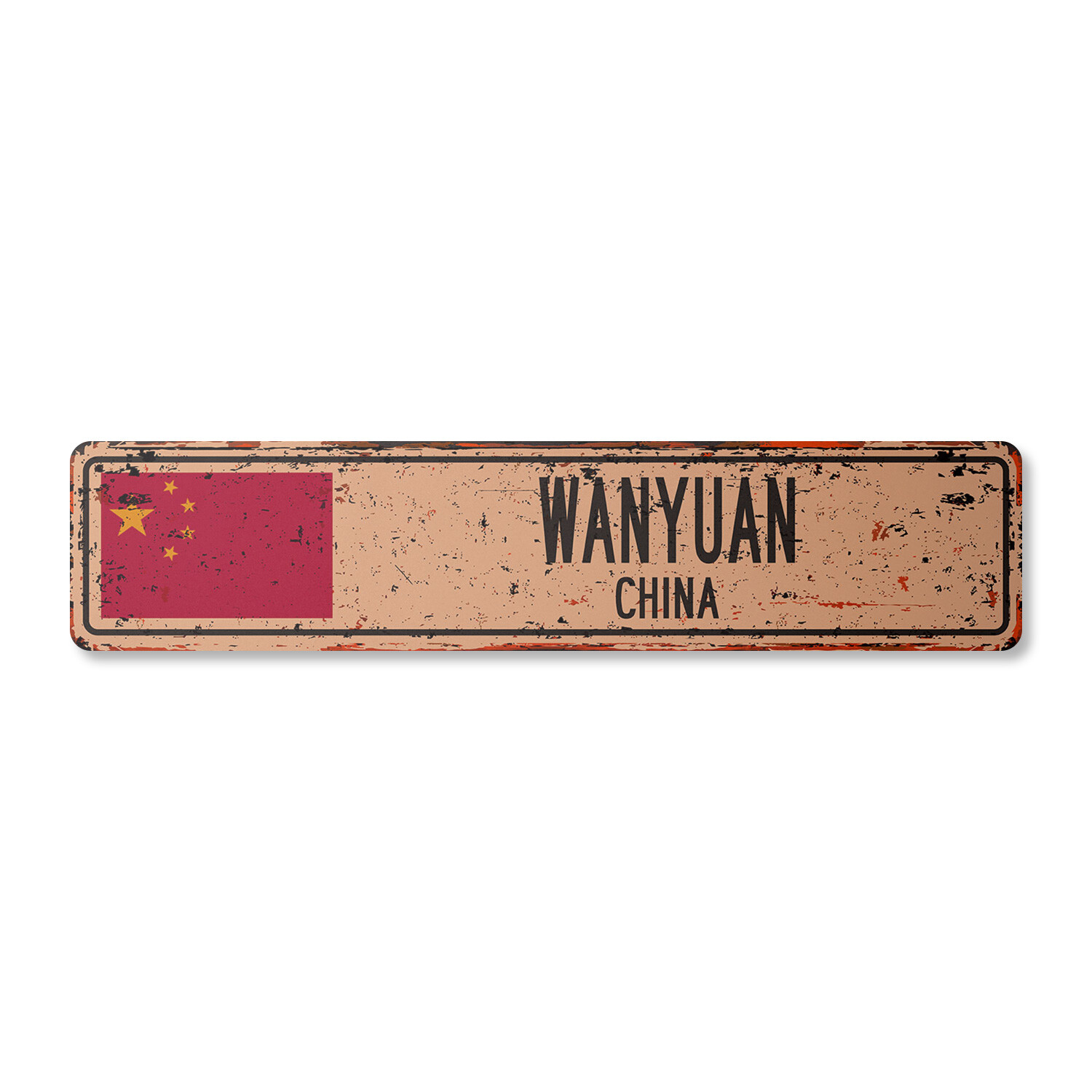 WANYUAN CHINA Vintage Street Sign Asian Chinese flag city country road rustic
