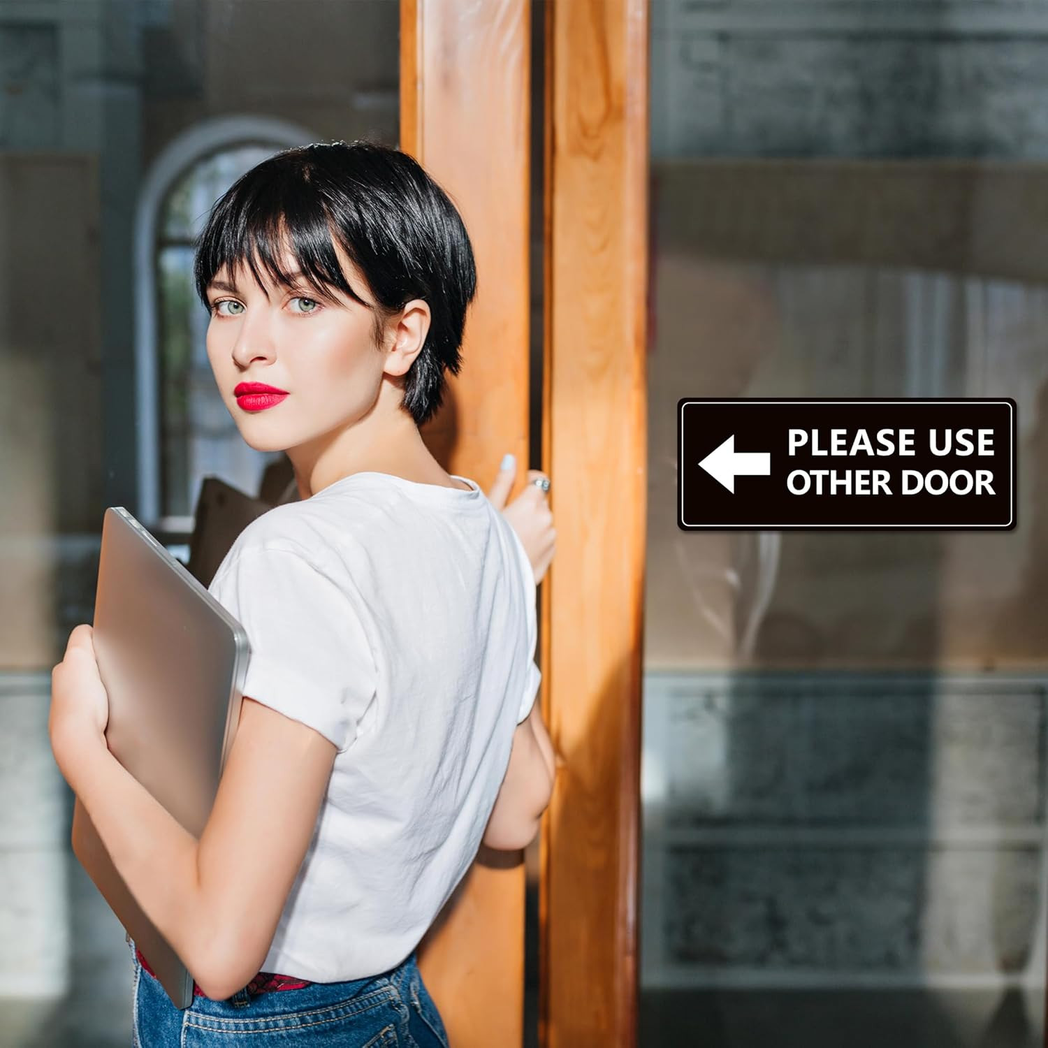 2Pack Use Other Door Sign，Self-Adhesive Weatherproof Vinyl Please Use Other Door