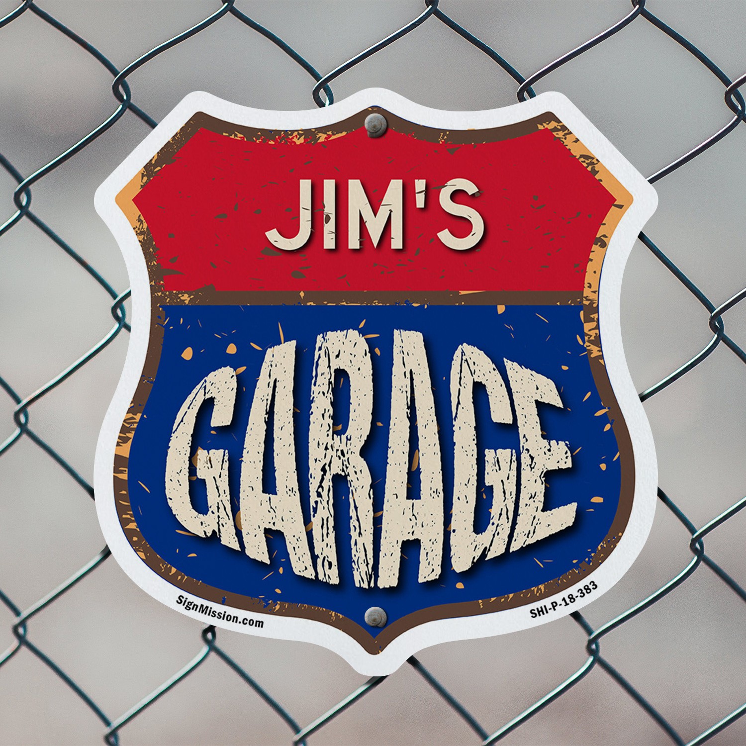 Jim&rsquo;s Garage Shield Shaped Sign Weather Resistant Crafted in the USA