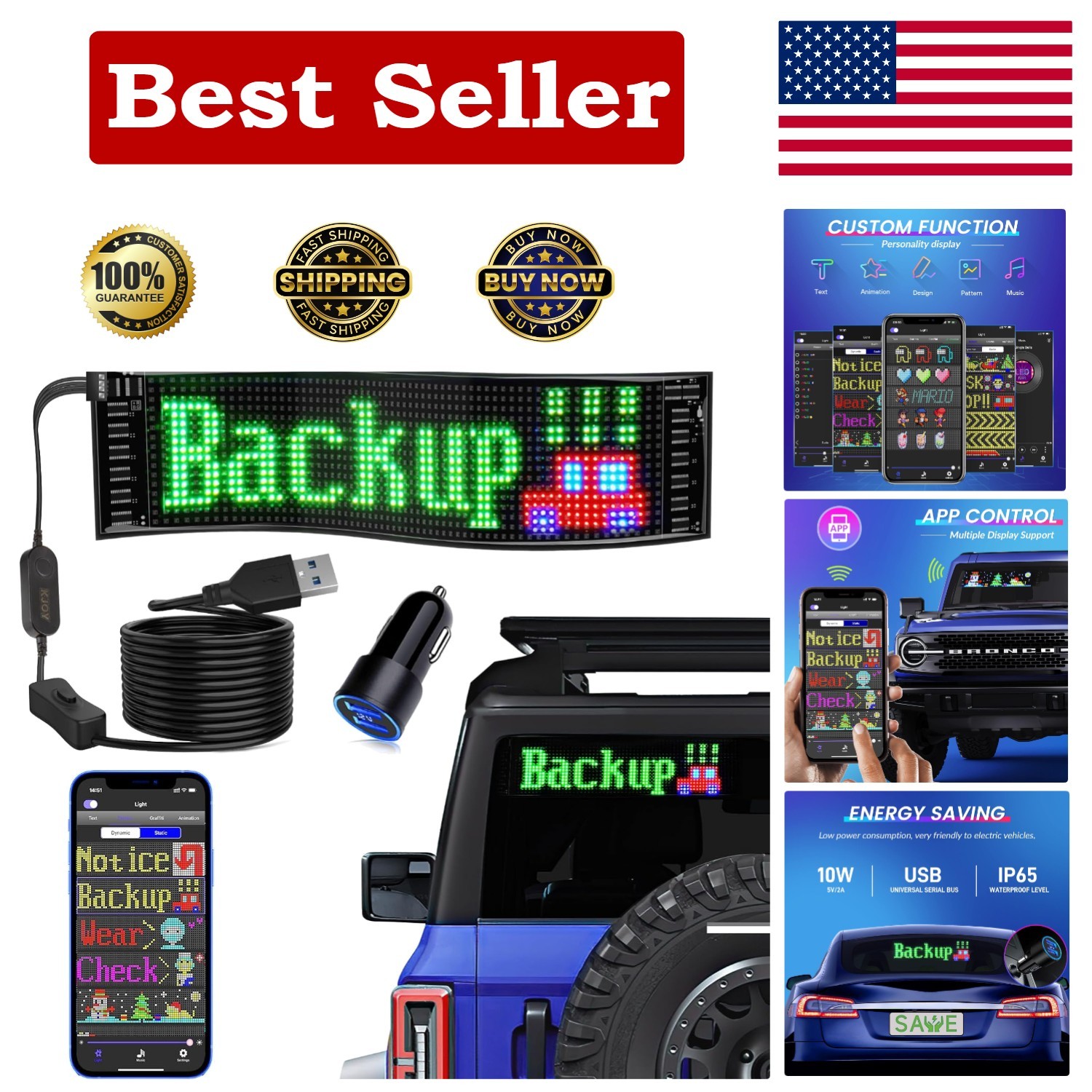 Programmable 15 »x4 » LED Sign with App Control – Perfect for Cars, Bars, Events