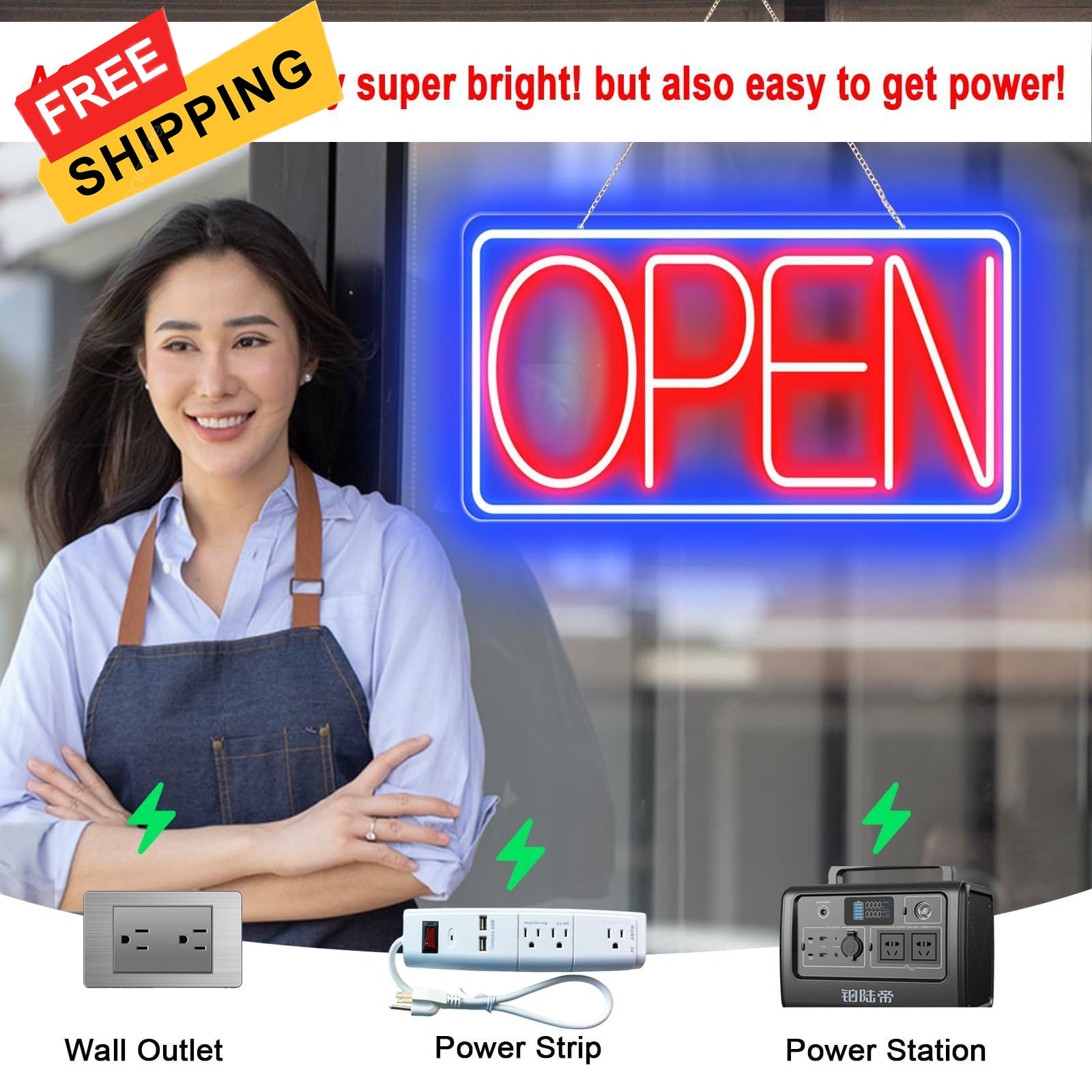 16.5&Prime; X 9&Prime; Led Neon Open 16.5×9 inch with AC Adapter, Blue/Red-Horizontal