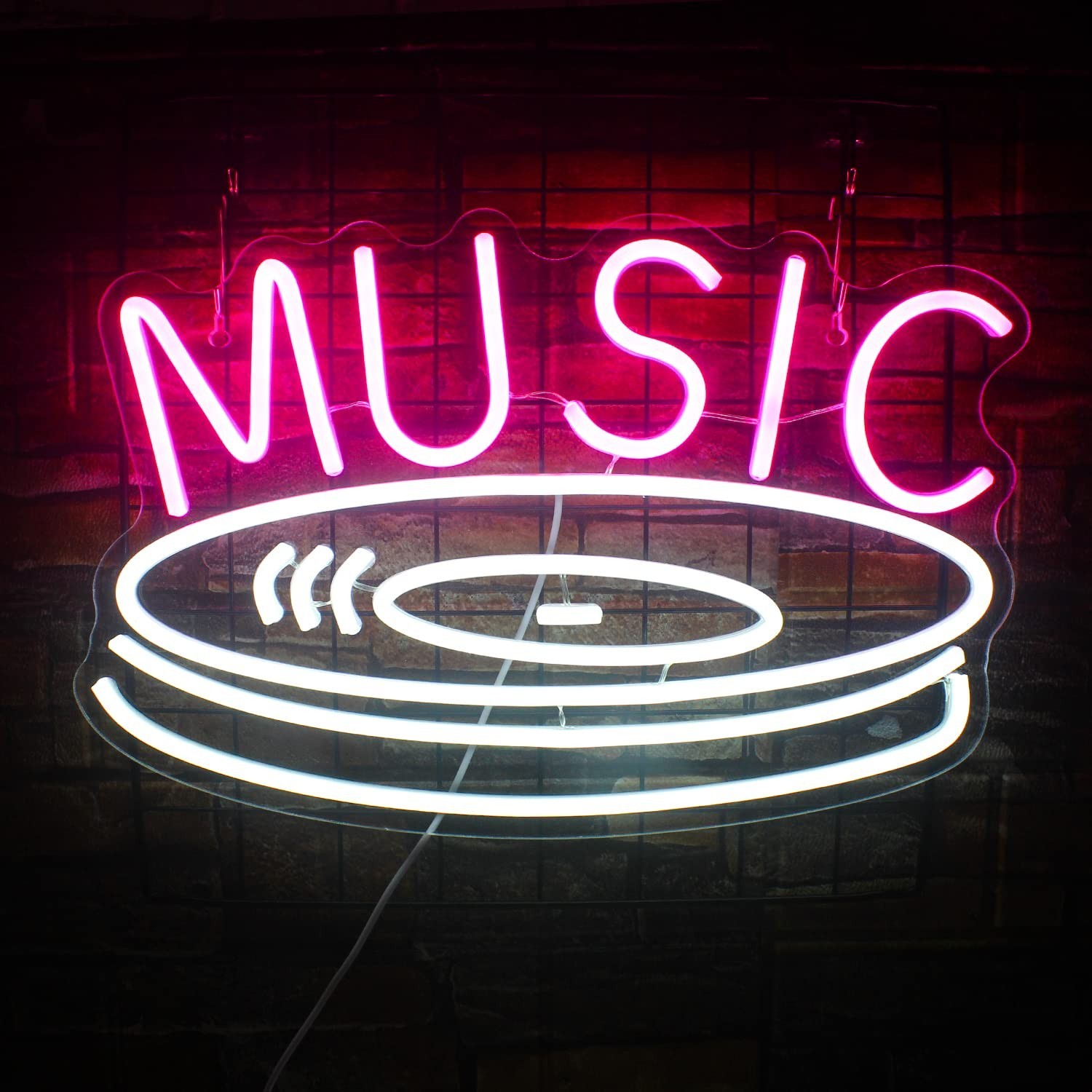 Music Record Neon Sign Pink White Led Neon Light Signs for Wall Decor Usb Lig…