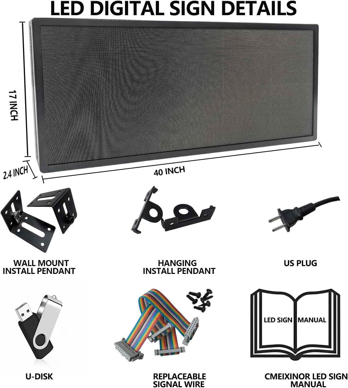 P3 Full Color LED Scrolling Sign, WiFi/USB Control, Brightness Adjustable 40&Prime;x17