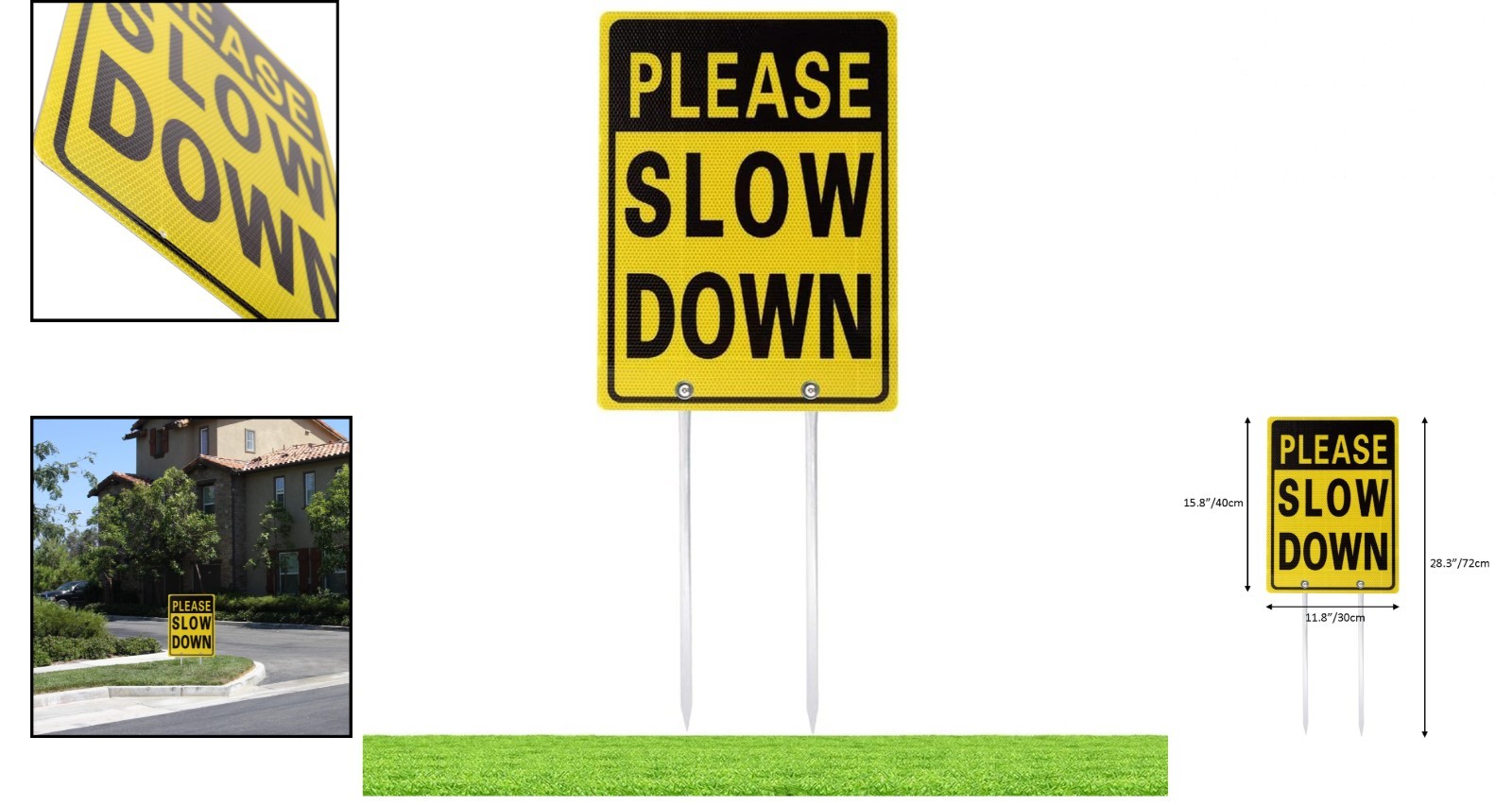 Please Slow Down Double Sided Aluminum Reflective Metal Sign with Metal Stakes