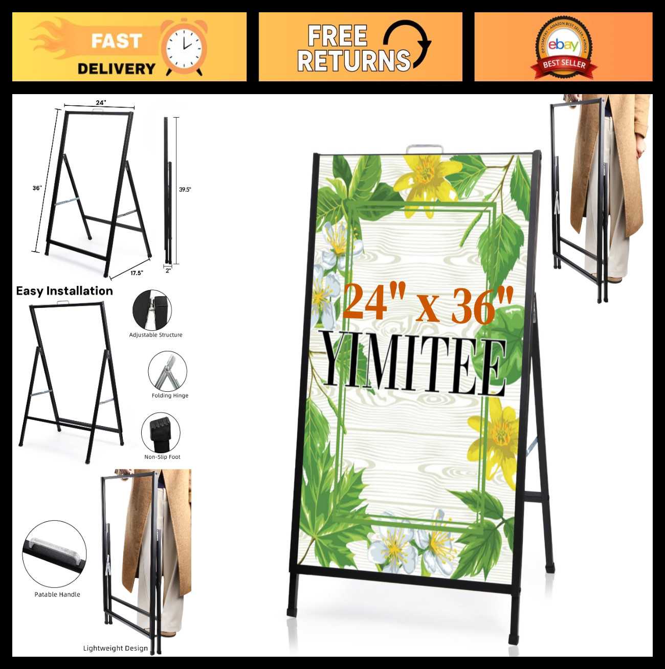 Heavy Duty A-Frame Sign with Carry Handle, 24×36&Prime; Folding Sidewalk Board for Out