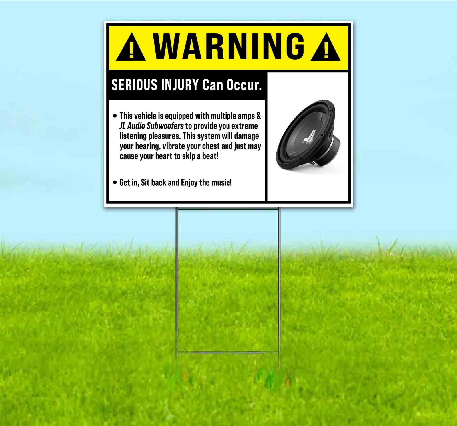 WARNING CAR AUDIO FUNNY SPEAKER 18×24 Yard Sign Corrugated Plastic Bandit USA