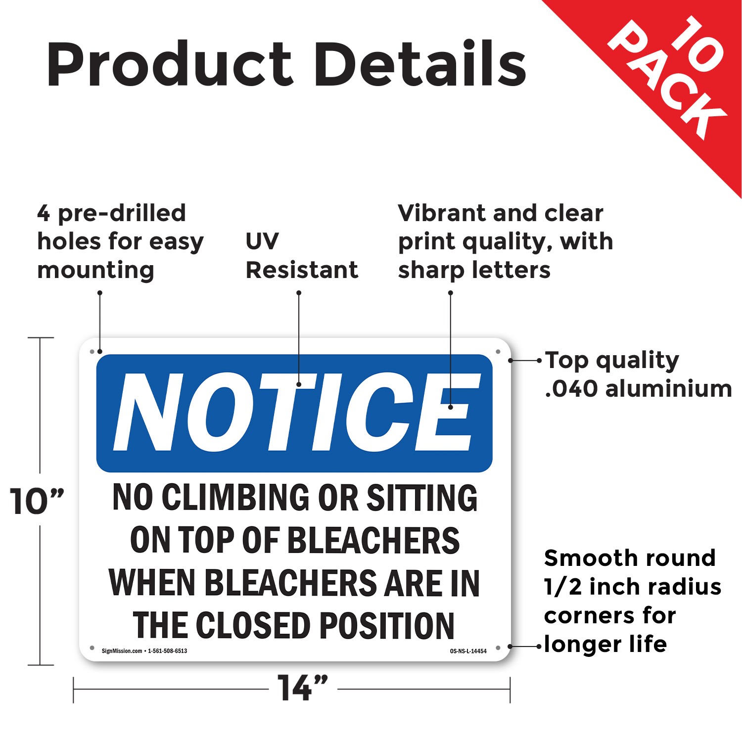 No Climbing Or Sitting On Top Of Bleachers OSHA Notice Sign, Decal 5 or 10 Pack