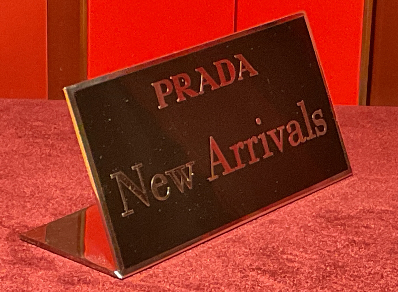 1 PRADA STORE NEW ARRIVALS SIGN SHOW CASE WINDOW TAG ENGRAVED ON STAINLESS STEEL