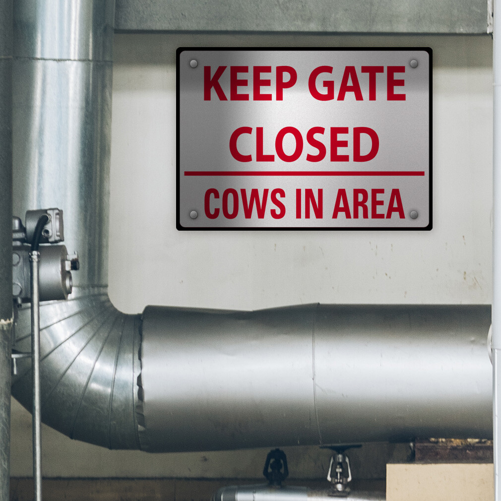Horizontal Metal Sign Keep Gate Closed Cows in Area Red Color Farm Warning